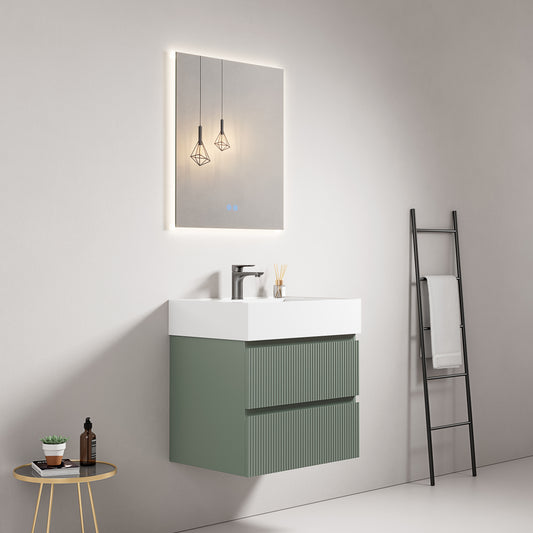 Mobile bagno sospeso cannettato 60 cm Verde Salvia Lavabo in Resina Specchio Quadro Retroilluminato - Fiji Paint