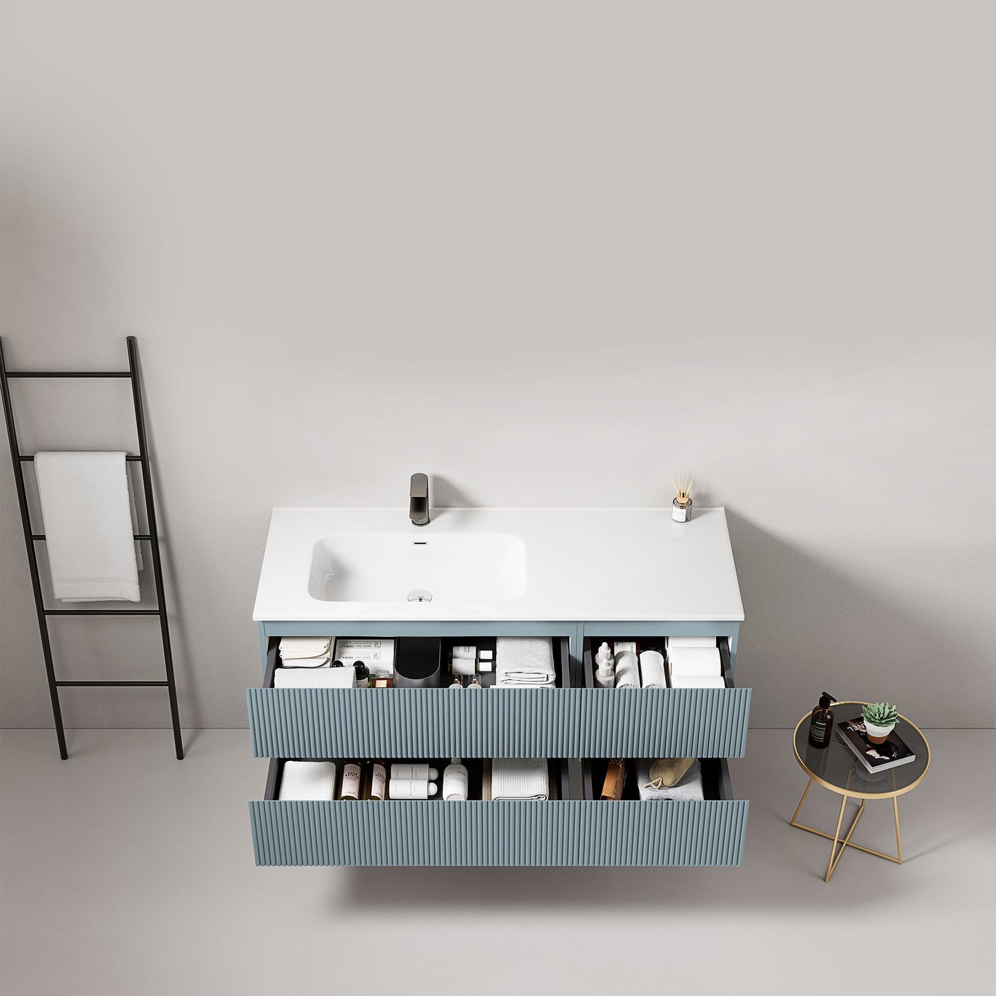 Mobile bagno sospeso cannettato 120 cm Blu Avio Lavabo a Sinistra in Ceramica Senza Specchio - Fiji Paint