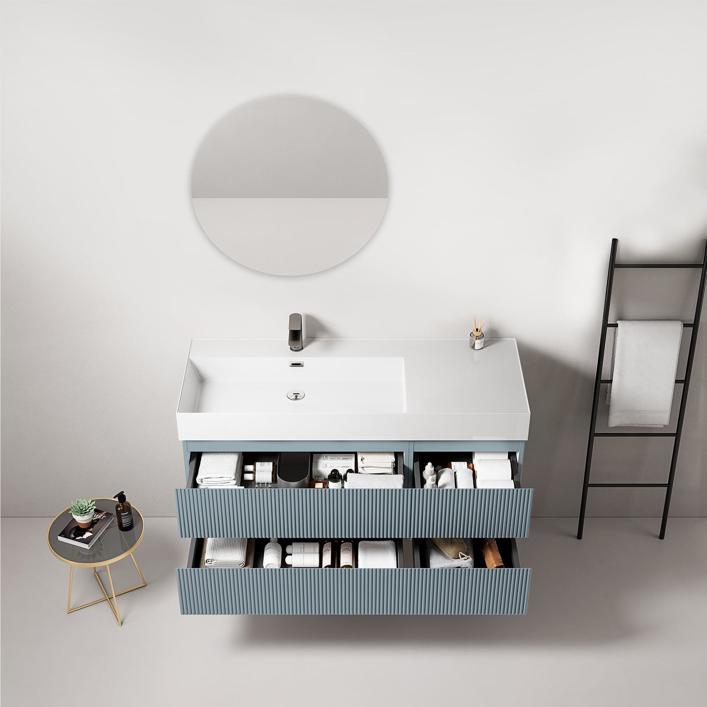 Mobile bagno sospeso cannettato 120 cm Blu Avio Lavabo a Sinistra in Resina Specchio Tondo - Fiji Paint