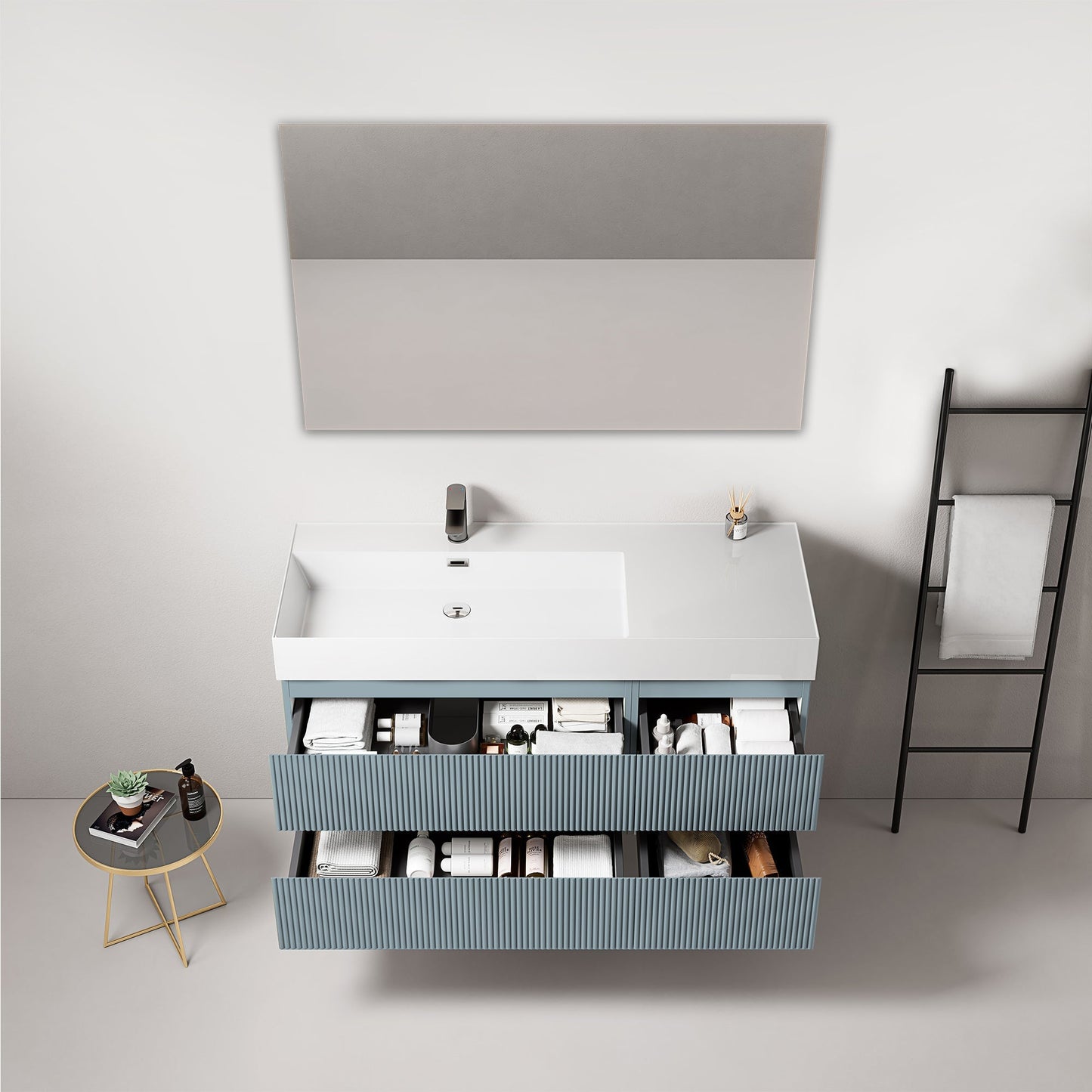 Mobile bagno sospeso cannettato 120 cm Blu Avio Lavabo a Sinistra in Resina Specchio Quadro - Fiji Paint