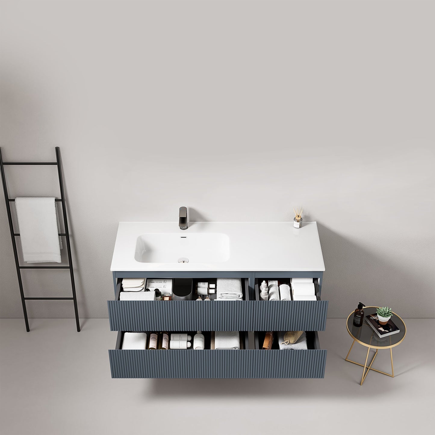 Mobile bagno sospeso cannettato 120 cm Blu Mare Lavabo a Sinistra in Ceramica Senza Specchio - Fiji Paint