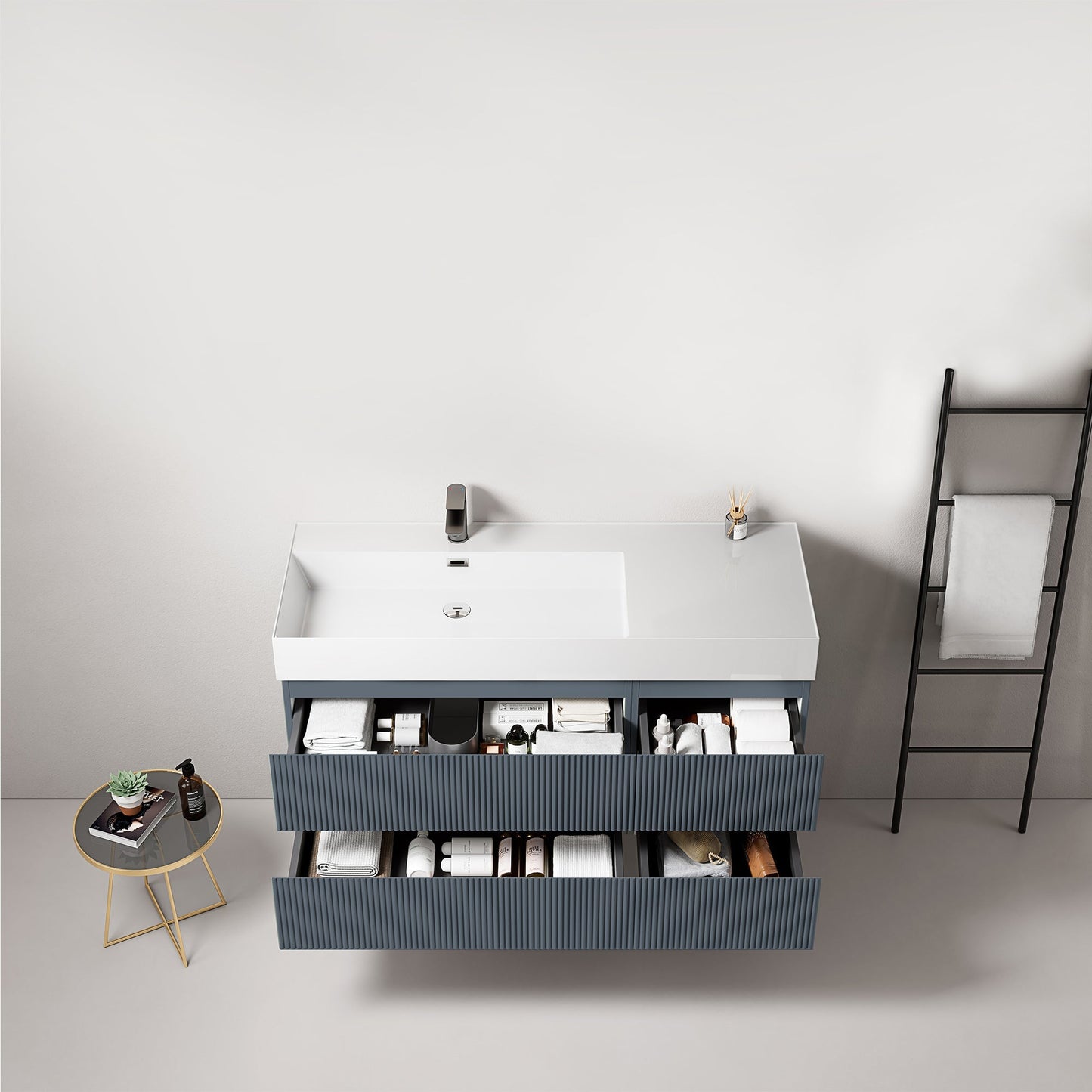 Mobile bagno sospeso cannettato 120 cm Blu Mare Lavabo a Sinistra in Resina Senza Specchio - Fiji Paint