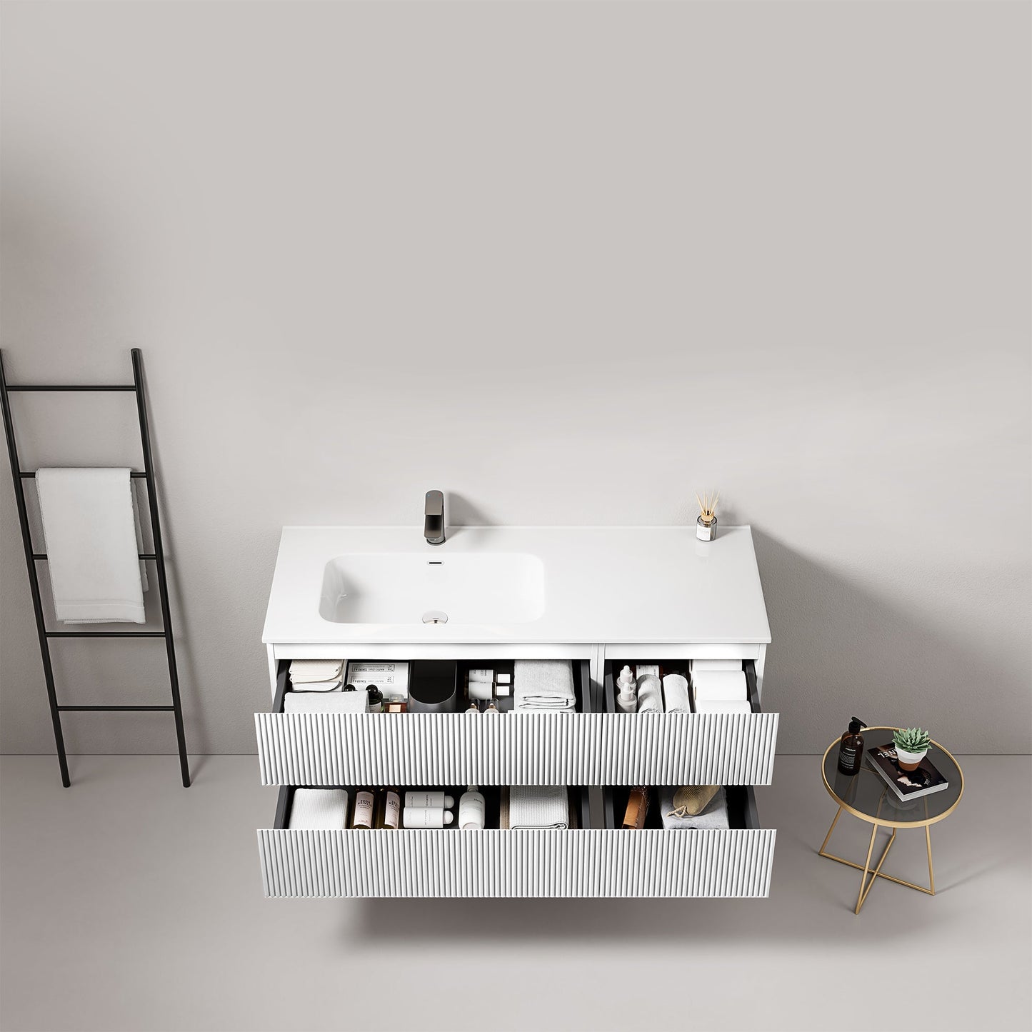 Mobile bagno sospeso cannettato 120 cm Bianco Lavabo a Sinistra in Ceramica Senza Specchio - Fiji Paint