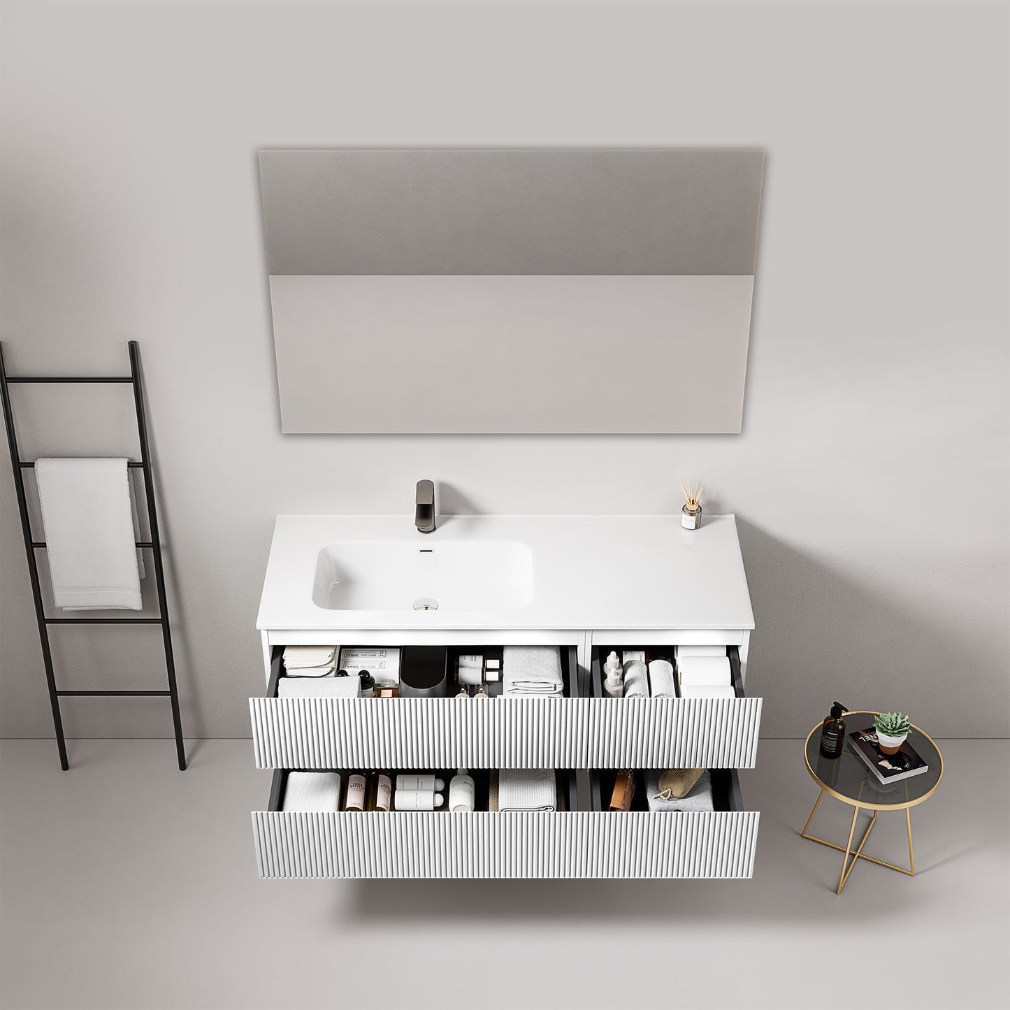 Mobile bagno sospeso cannettato 120 cm Bianco Lavabo a Sinistra in Ceramica Specchio Quadro - Fiji Paint