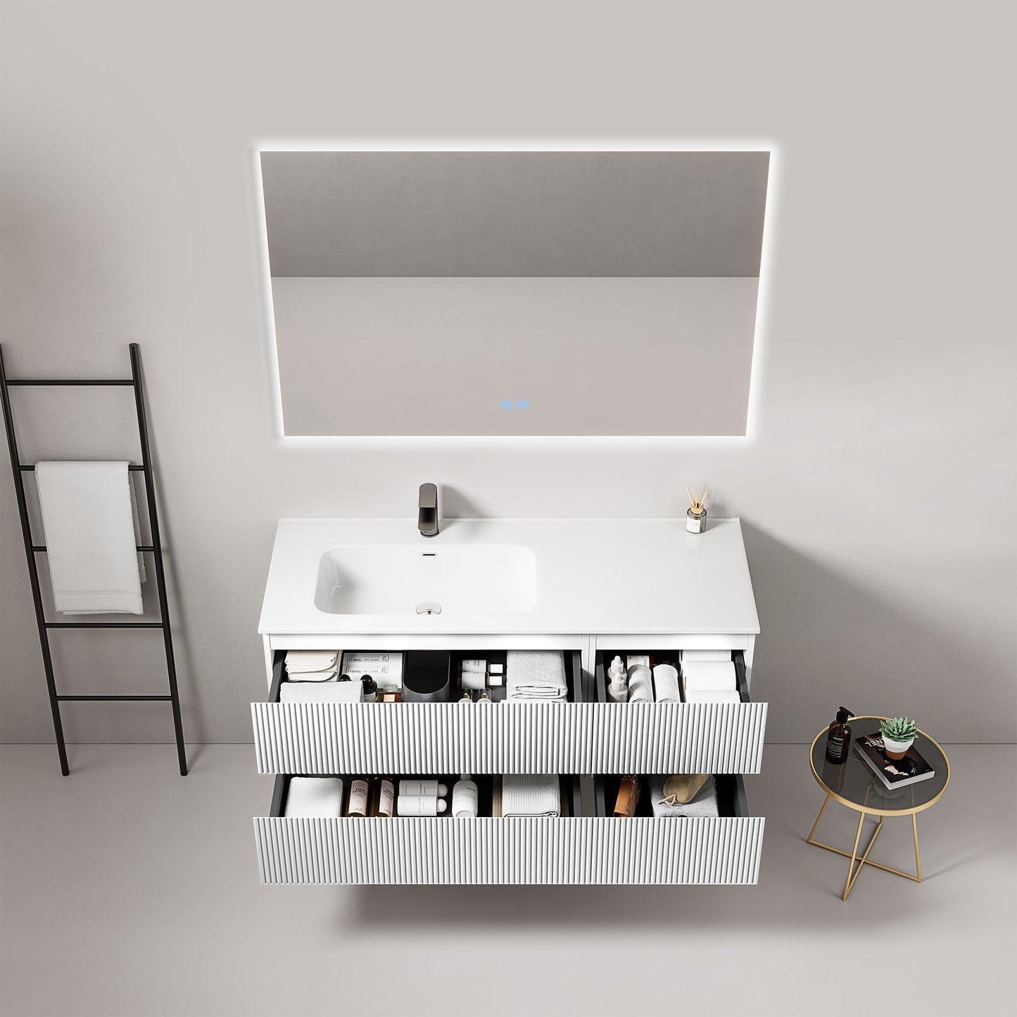 Mobile bagno sospeso cannettato 120 cm Bianco Lavabo a Sinistra in Ceramica Specchio Quadro Retroilluminato - Fiji Paint