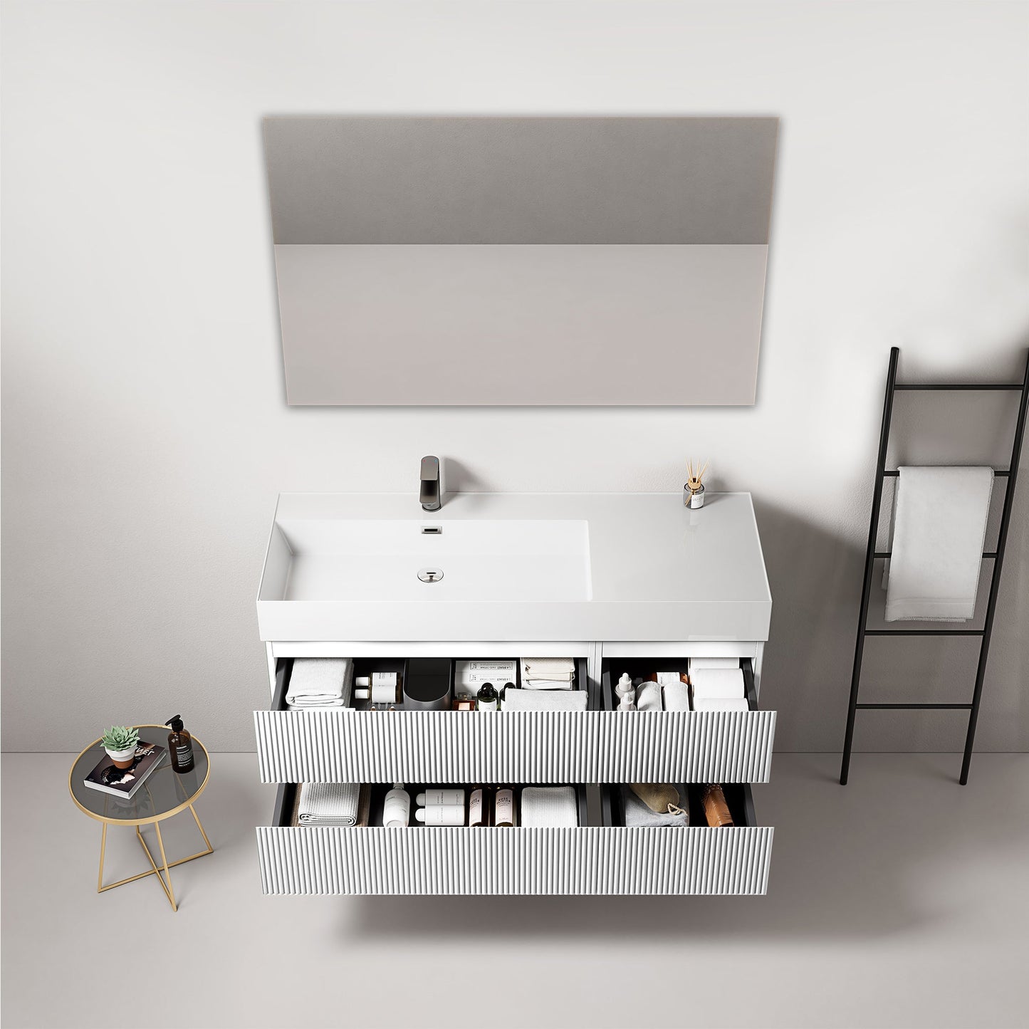 Mobile bagno sospeso cannettato 120 cm Bianco Lavabo a Sinistra in Resina Specchio Quadro - Fiji Paint