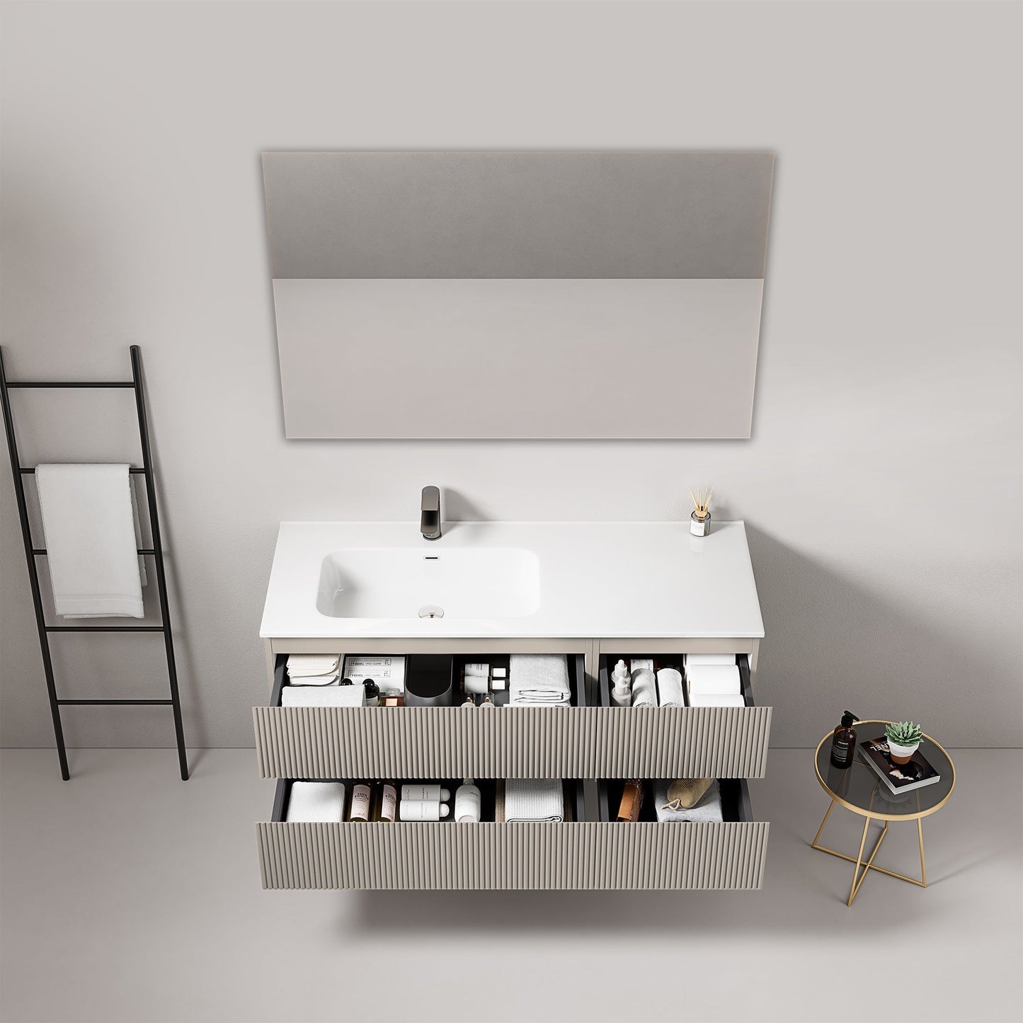 Mobile bagno sospeso cannettato 120 cm Grigio Cenere Lavabo a Sinistra in Ceramica Specchio Quadro - Fiji Paint