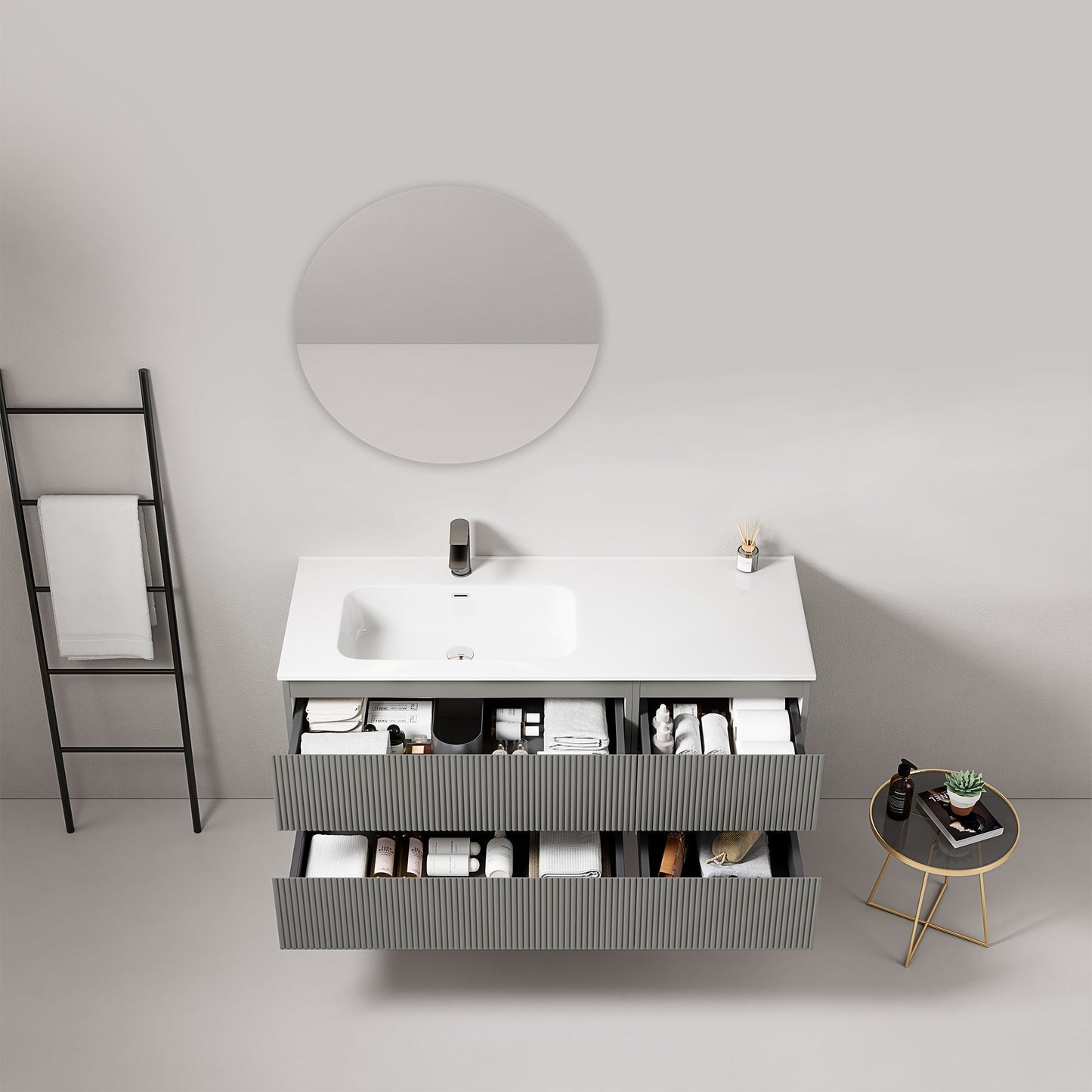 Mobile bagno sospeso cannettato 120 cm Grigio Londra Lavabo a Sinistra in Ceramica Specchio Tondo - Fiji Paint