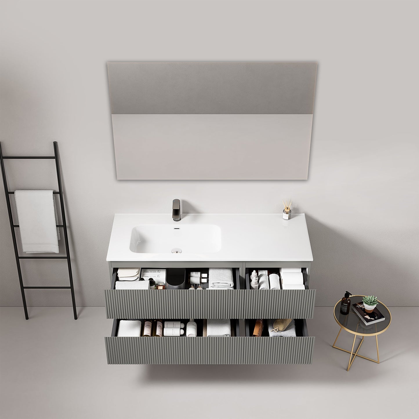 Mobile bagno sospeso cannettato 120 cm Grigio Londra Lavabo a Sinistra in Ceramica Specchio Quadro - Fiji Paint