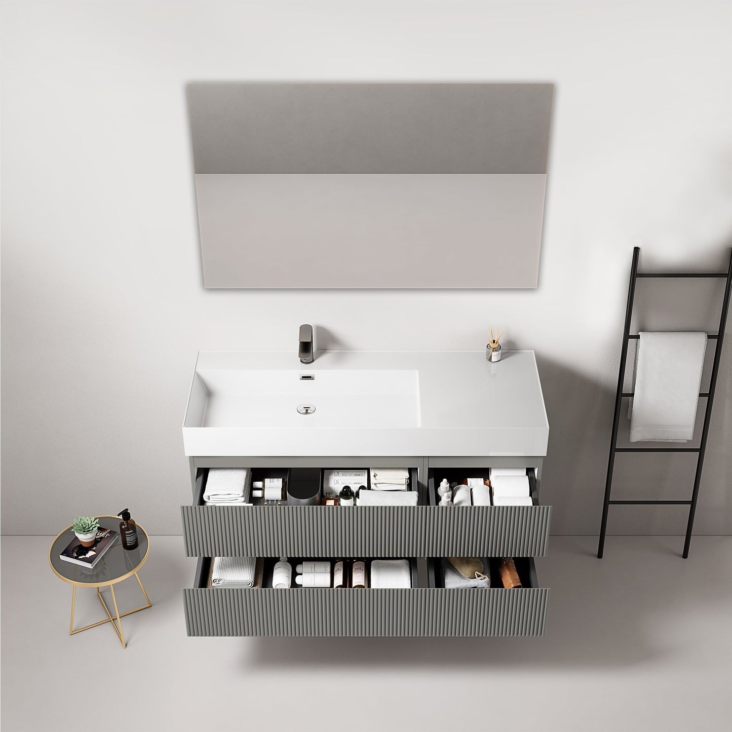 Mobile bagno sospeso cannettato 120 cm Grigio Londra Lavabo a Sinistra in Resina Specchio Quadro - Fiji Paint