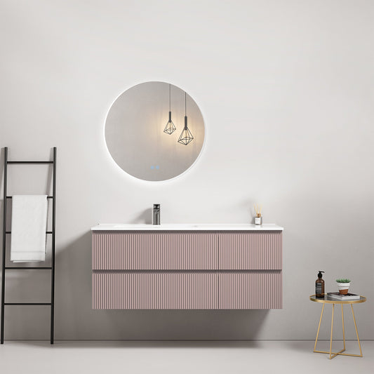 Mobile bagno sospeso cannettato 120 cm Rosa Retro Lavabo a Sinistra in Ceramica Specchio Tondo Retroilluminato - Fiji Paint