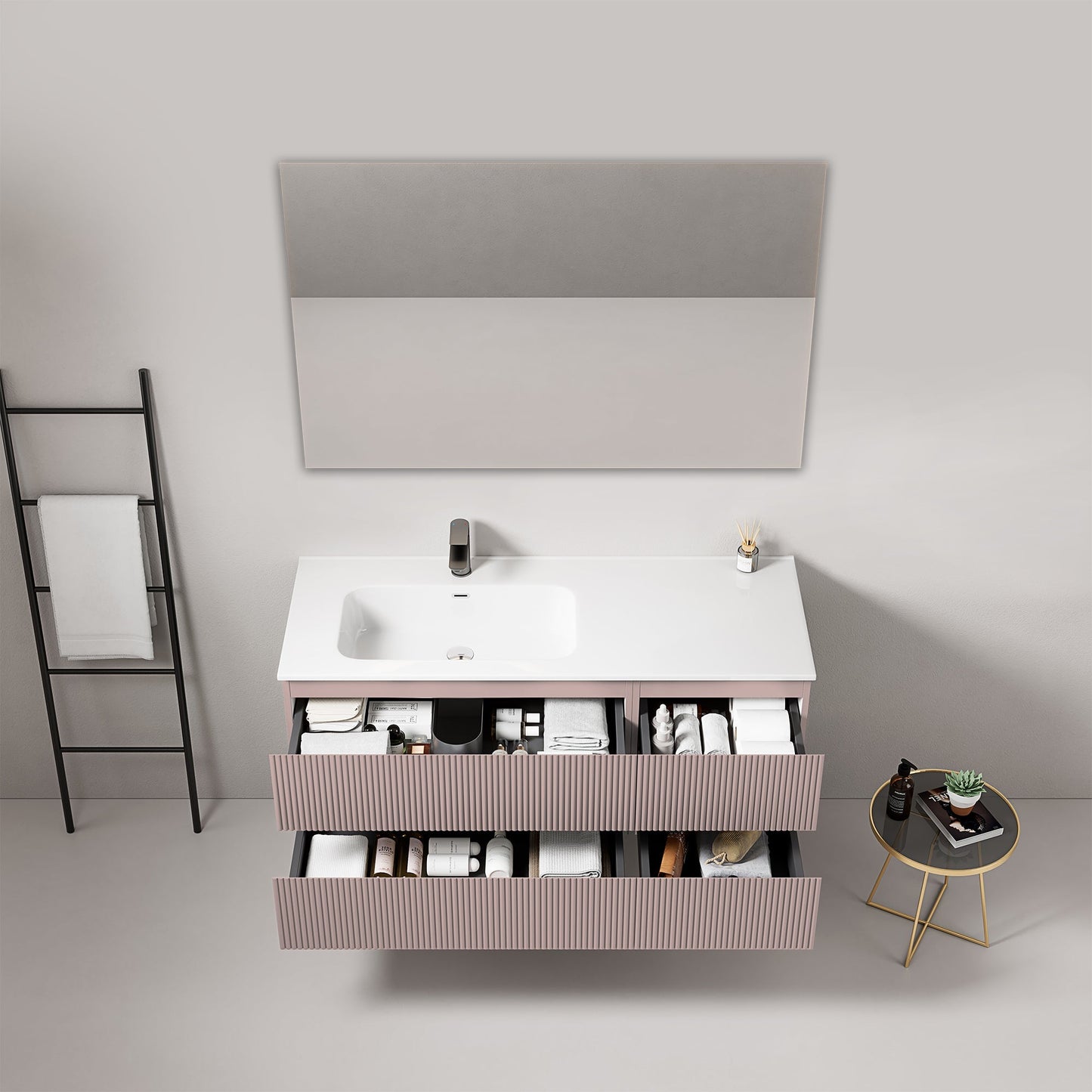 Mobile bagno sospeso cannettato 120 cm Rosa Retro Lavabo a Sinistra in Ceramica Specchio Quadro - Fiji Paint