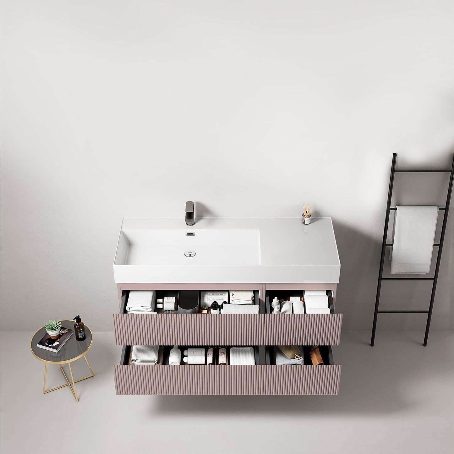Mobile bagno sospeso cannettato 120 cm Rosa Retro Lavabo a Sinistra in Resina Senza Specchio - Fiji Paint