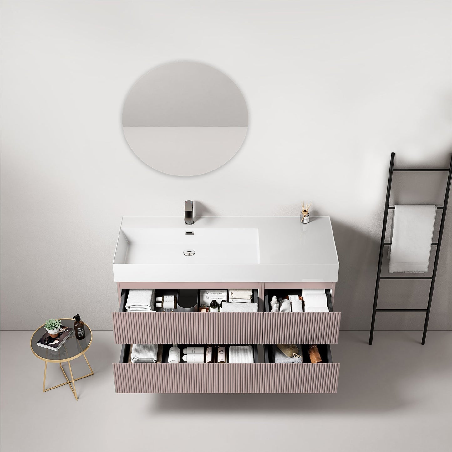 Mobile bagno sospeso cannettato 120 cm Rosa Retro Lavabo a Sinistra in Resina Specchio Tondo - Fiji Paint