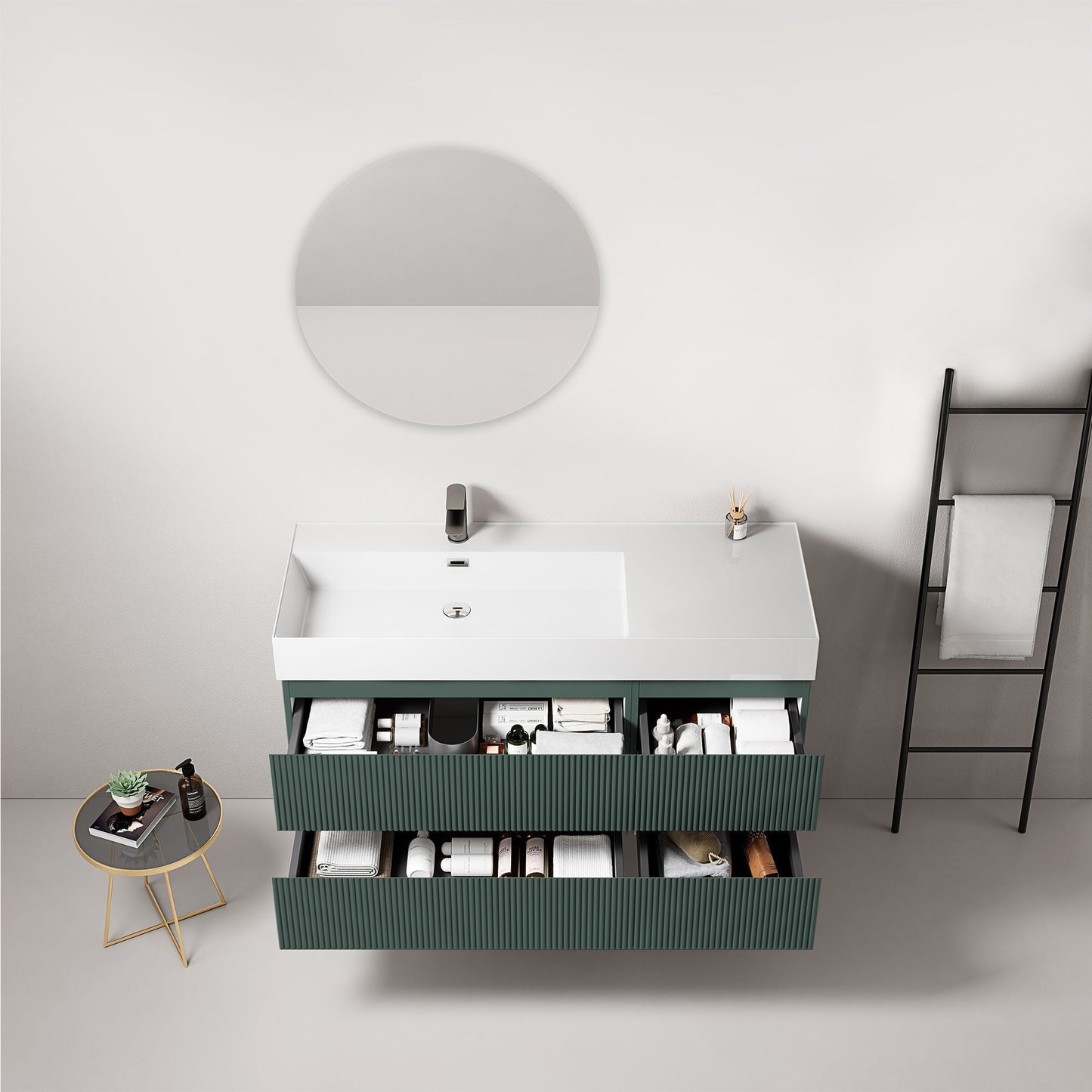 Mobile bagno sospeso cannettato 120 cm Verde Comodoro Lavabo a Sinistra in Resina Specchio Tondo - Fiji Paint