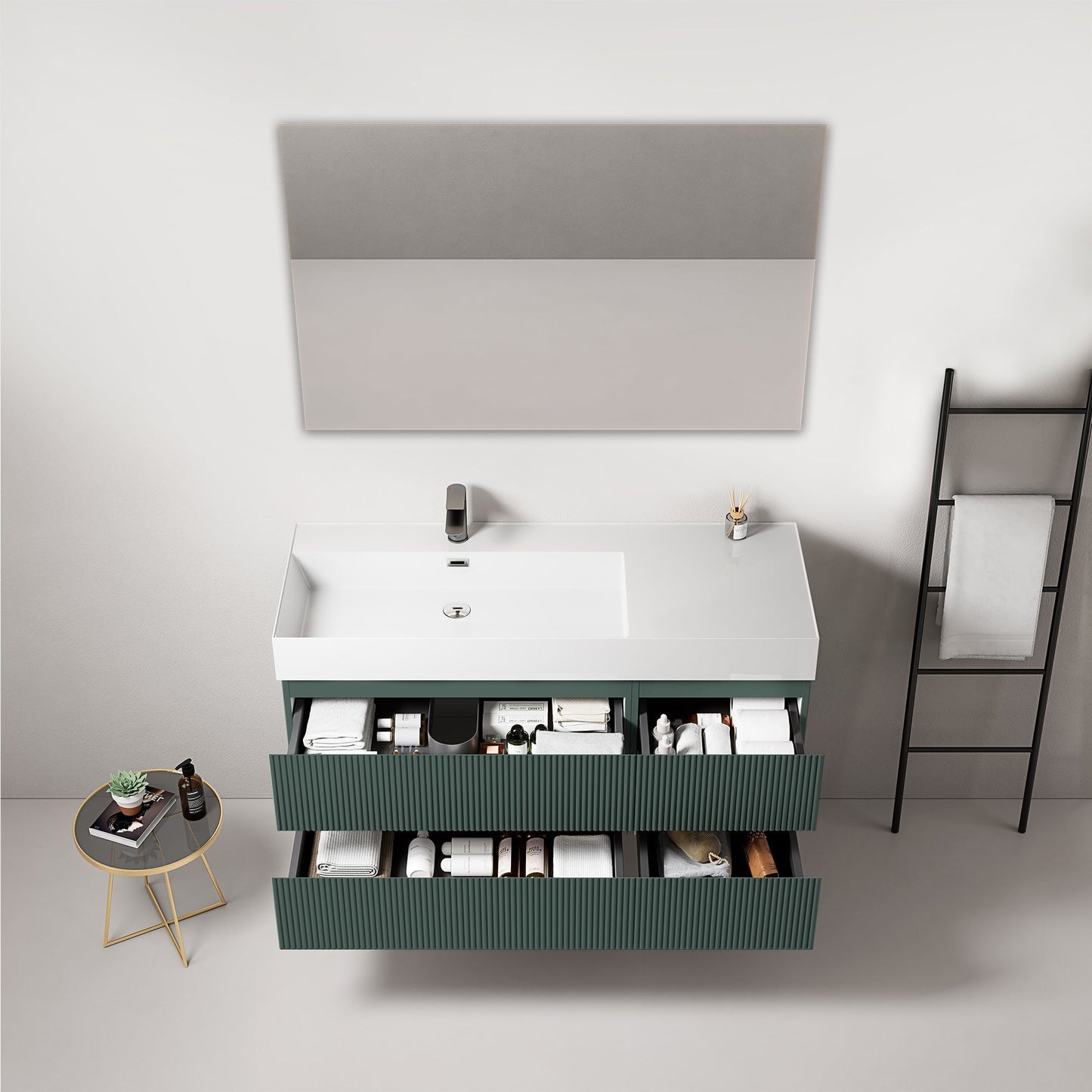 Mobile bagno sospeso cannettato 120 cm Verde Comodoro Lavabo a Sinistra in Resina Specchio Quadro - Fiji Paint