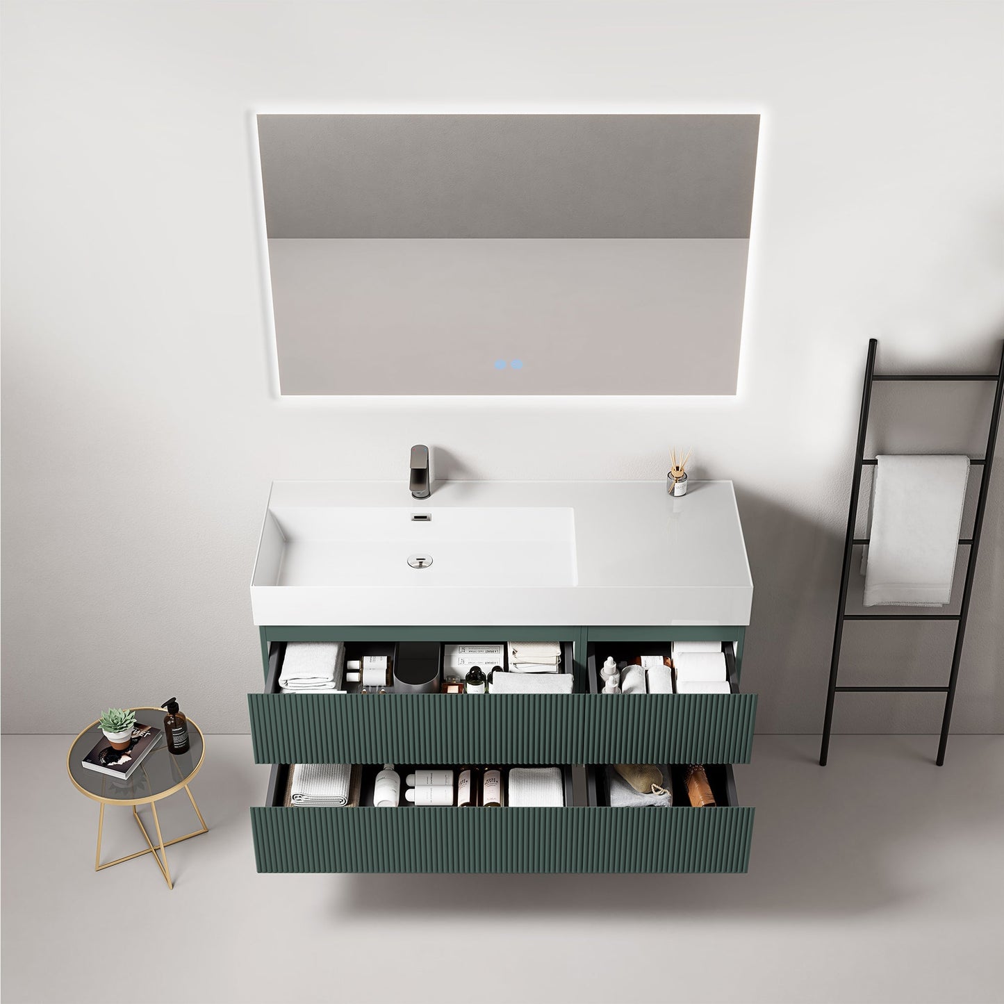 Mobile bagno sospeso cannettato 120 cm Verde Comodoro Lavabo a Sinistra in Resina Specchio Quadro Retroilluminato - Fiji Paint