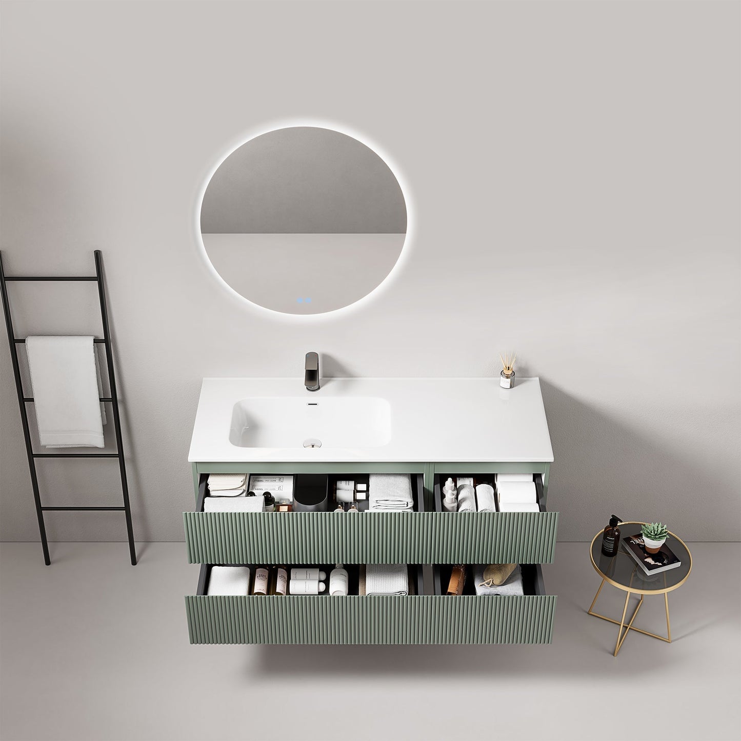 Mobile bagno sospeso cannettato 120 cm Verde Salvia Lavabo a Sinistra in Ceramica Specchio Tondo Retroilluminato - Fiji Paint