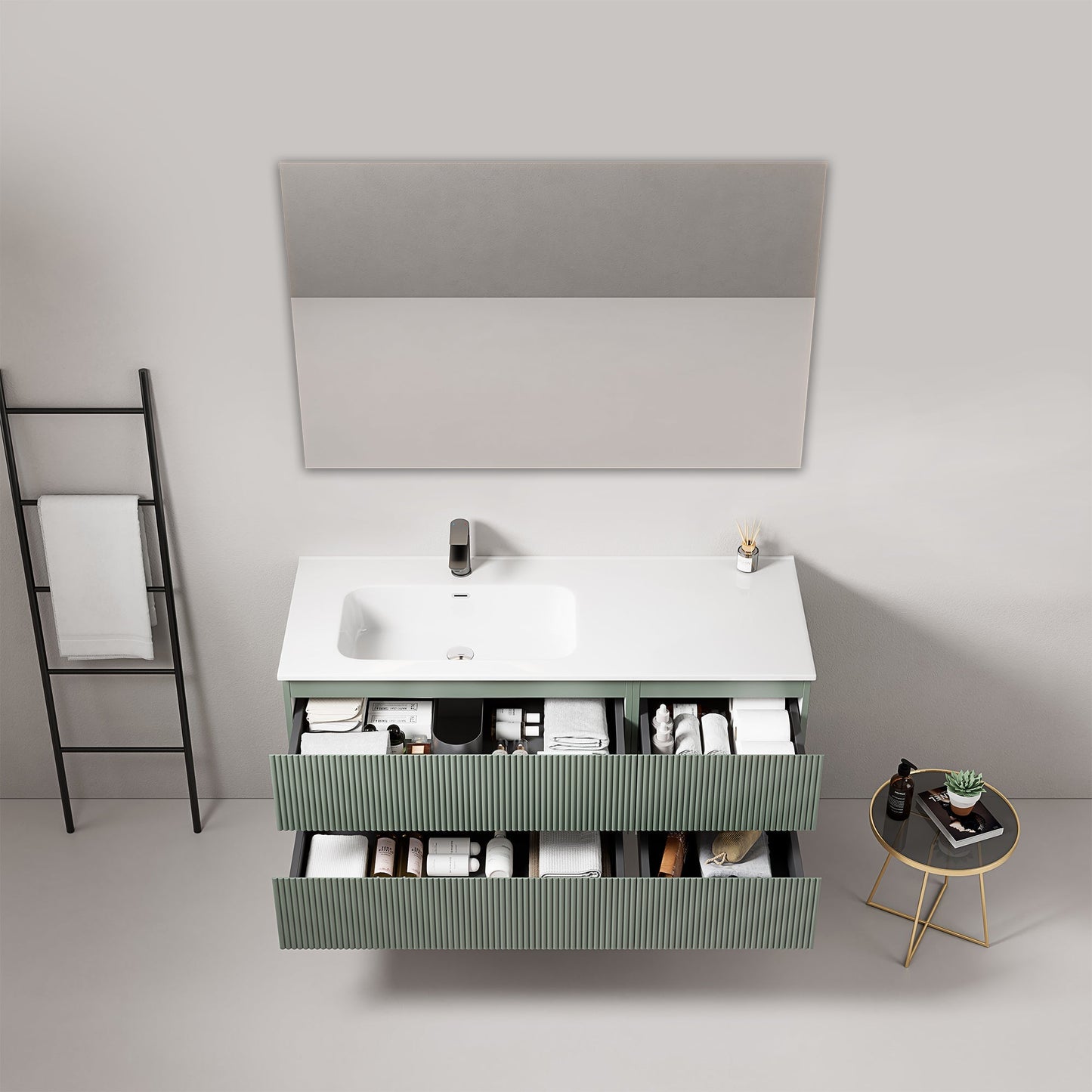 Mobile bagno sospeso cannettato 120 cm Verde Salvia Lavabo a Sinistra in Ceramica Specchio Quadro - Fiji Paint