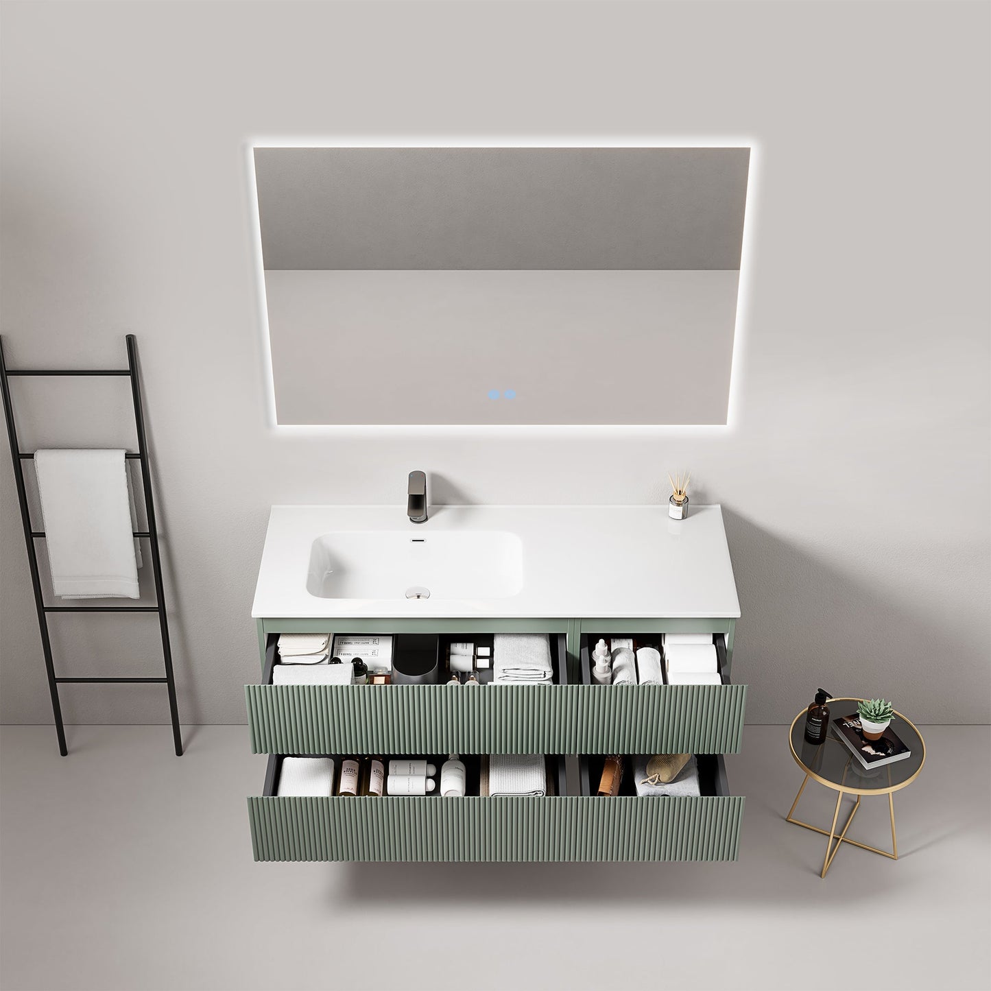 Mobile bagno sospeso cannettato 120 cm Verde Salvia Lavabo a Sinistra in Ceramica Specchio Quadro Retroilluminato - Fiji Paint