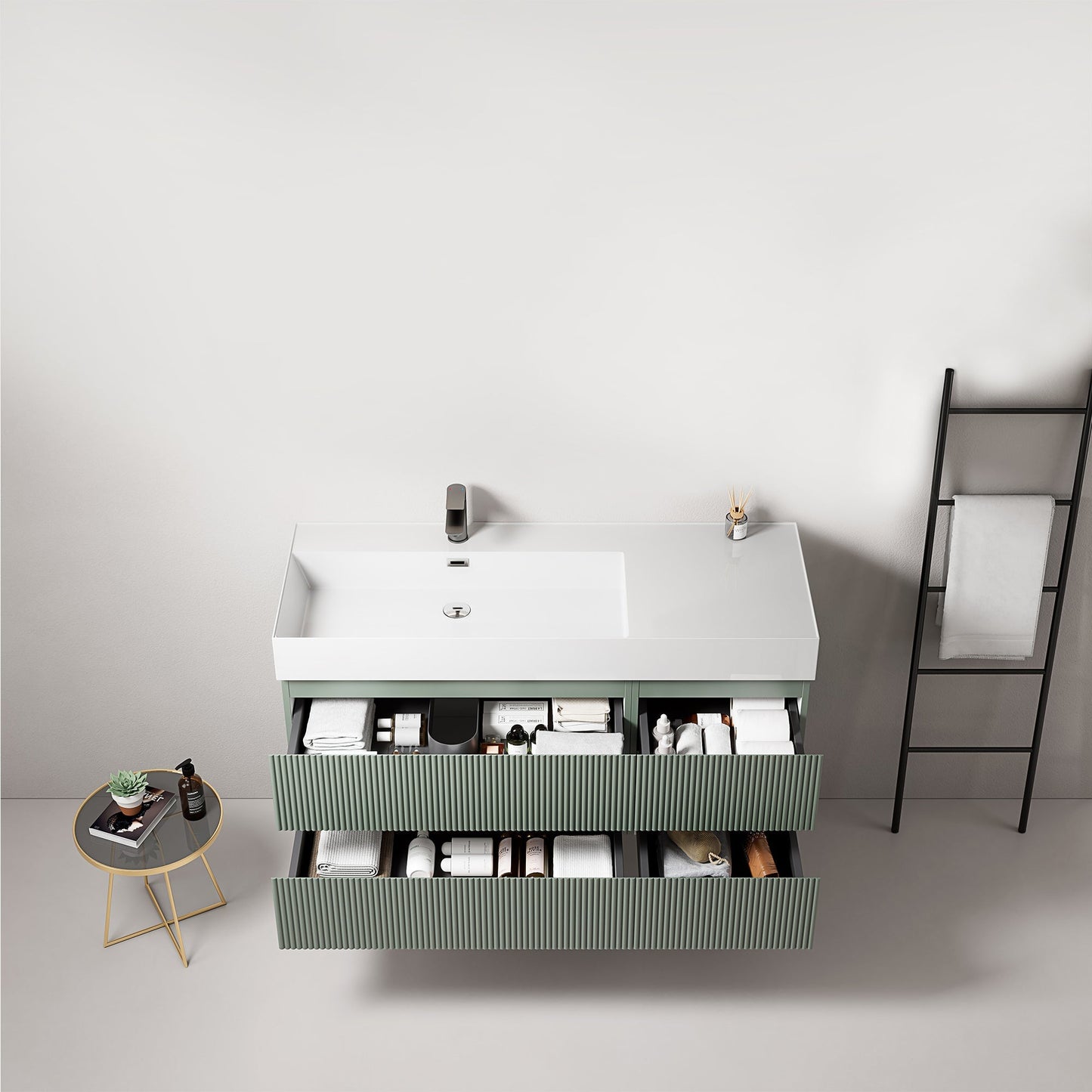 Mobile bagno sospeso cannettato 120 cm Verde Salvia Lavabo a Sinistra in Resina Senza Specchio - Fiji Paint