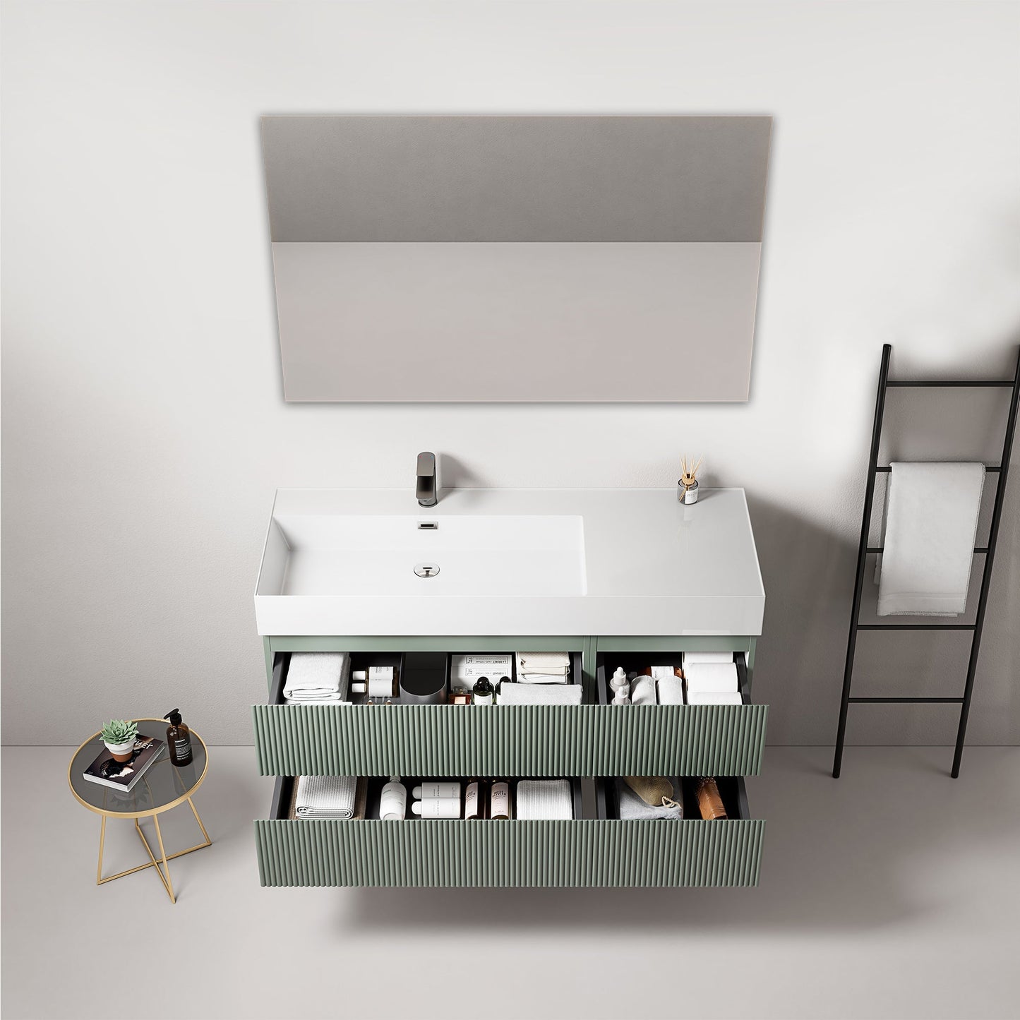 Mobile bagno sospeso cannettato 120 cm Verde Salvia Lavabo a Sinistra in Resina Specchio Quadro - Fiji Paint