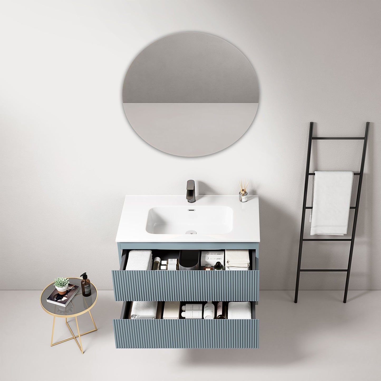Mobile bagno sospeso cannettato 80 cm Blu Avio Lavabo in Ceramica Specchio Tondo - Fiji Paint