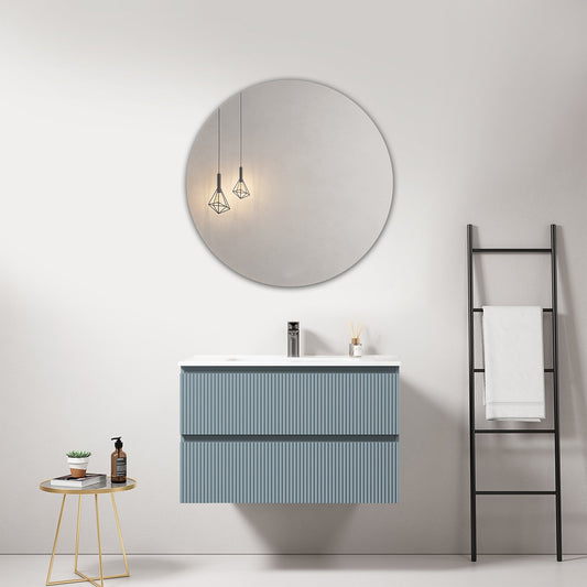 Mobile bagno sospeso cannettato 80 cm Blu Avio Lavabo in Ceramica Specchio Tondo - Fiji Paint
