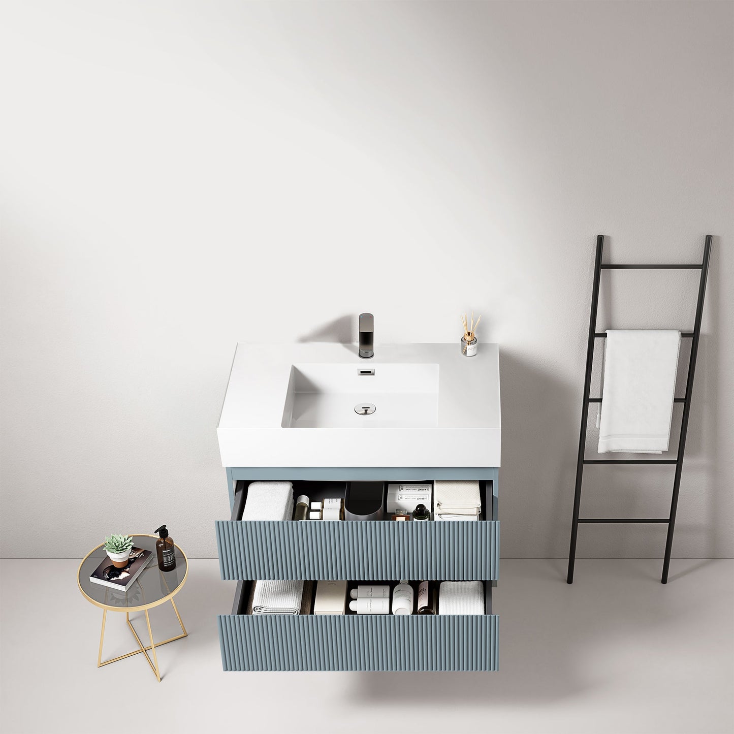 Mobile bagno sospeso cannettato 80 cm Blu Avio Lavabo in Resina Senza Specchio - Fiji Paint