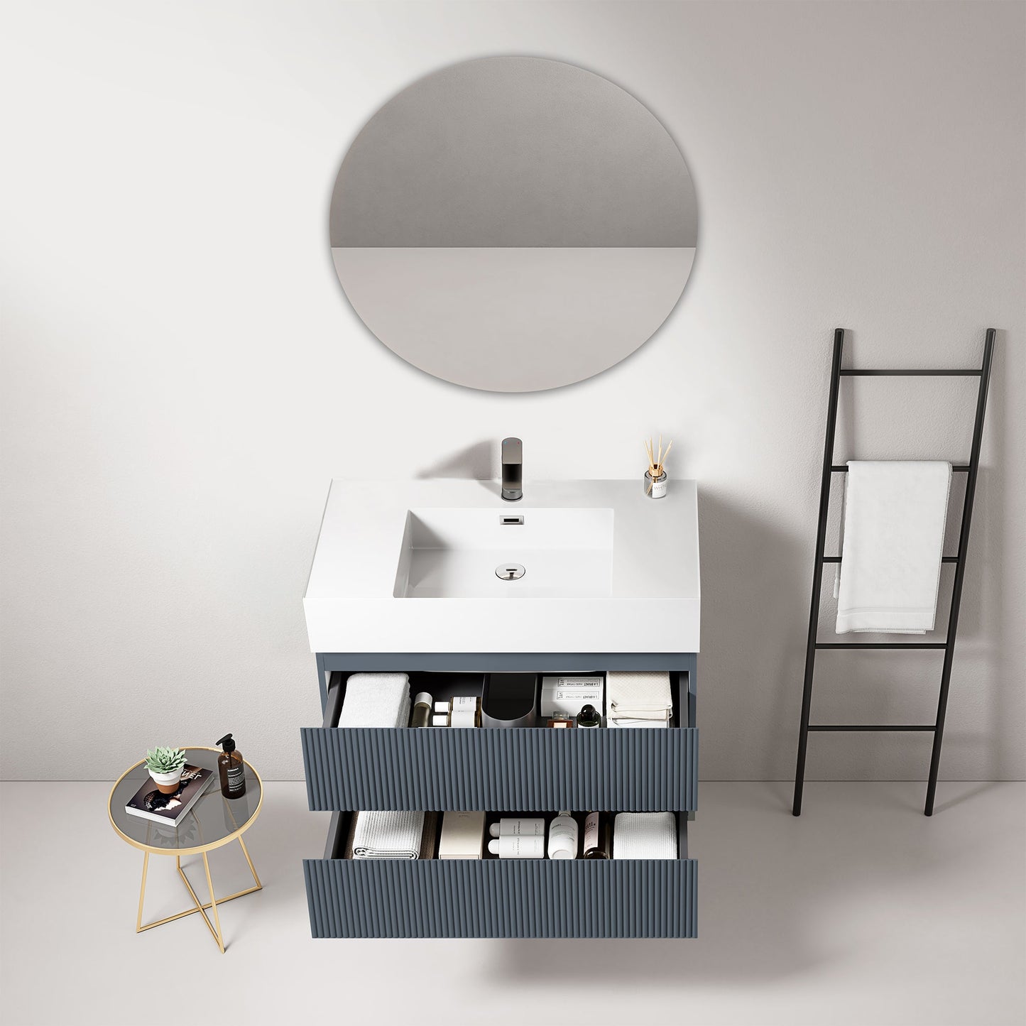 Mobile bagno sospeso cannettato 80 cm Blu Mare Lavabo in Resina Specchio Tondo - Fiji Paint
