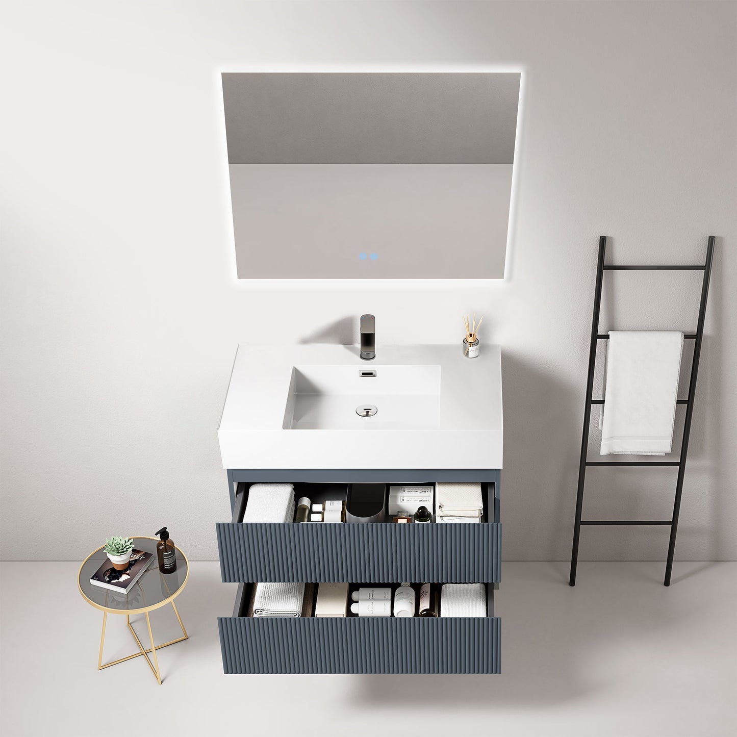 Mobile bagno sospeso cannettato 80 cm Blu Mare Lavabo in Resina Specchio Quadro Retroilluminato - Fiji Paint