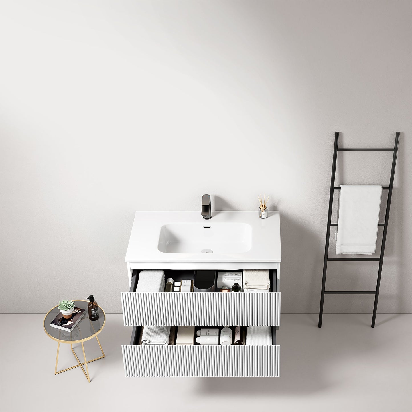 Mobile bagno sospeso cannettato 80 cm Bianco Lavabo in Ceramica Senza Specchio - Fiji Paint
