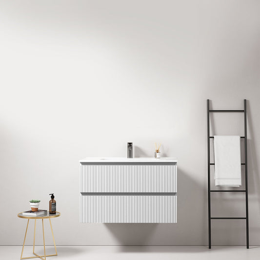 Mobile bagno sospeso cannettato 80 cm Bianco Lavabo in Ceramica Senza Specchio - Fiji Paint