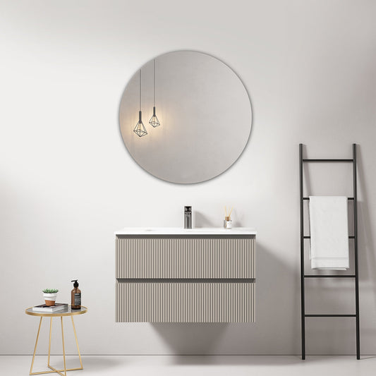Mobile bagno sospeso cannettato 80 cm Grigio Cenere Lavabo in Ceramica Specchio Tondo - Fiji Paint