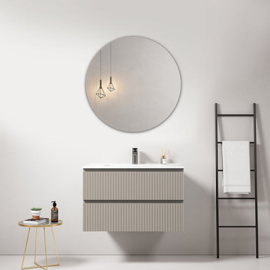 Mobile bagno sospeso cannettato 80 cm Grigio Cenere Lavabo in Ceramica Specchio Tondo - Fiji Paint
