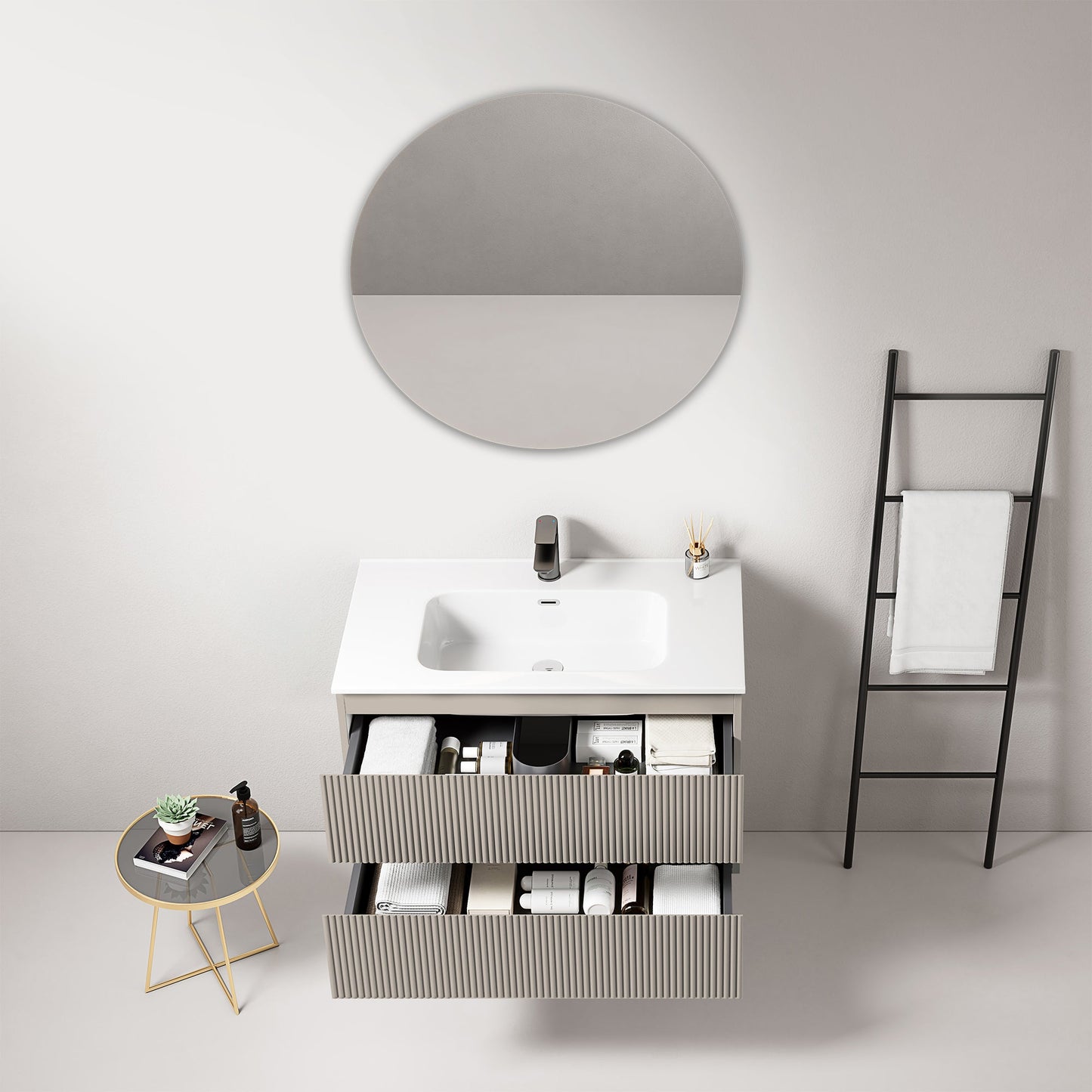 Mobile bagno sospeso cannettato 80 cm Grigio Cenere Lavabo in Ceramica Specchio Tondo - Fiji Paint