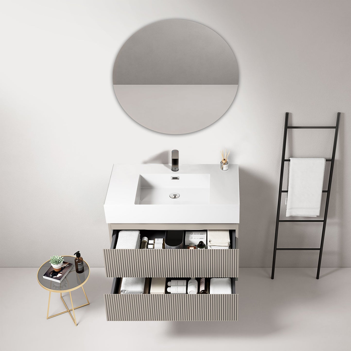 Mobile bagno sospeso cannettato 80 cm Grigio Cenere Lavabo in Resina Specchio Tondo - Fiji Paint