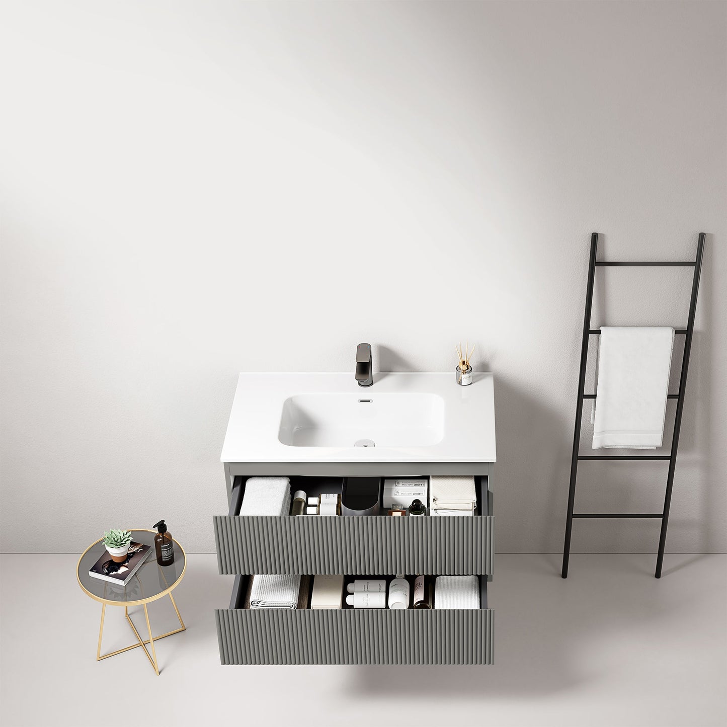 Mobile bagno sospeso cannettato 80 cm Grigio Londra Lavabo in Ceramica Senza Specchio - Fiji Paint