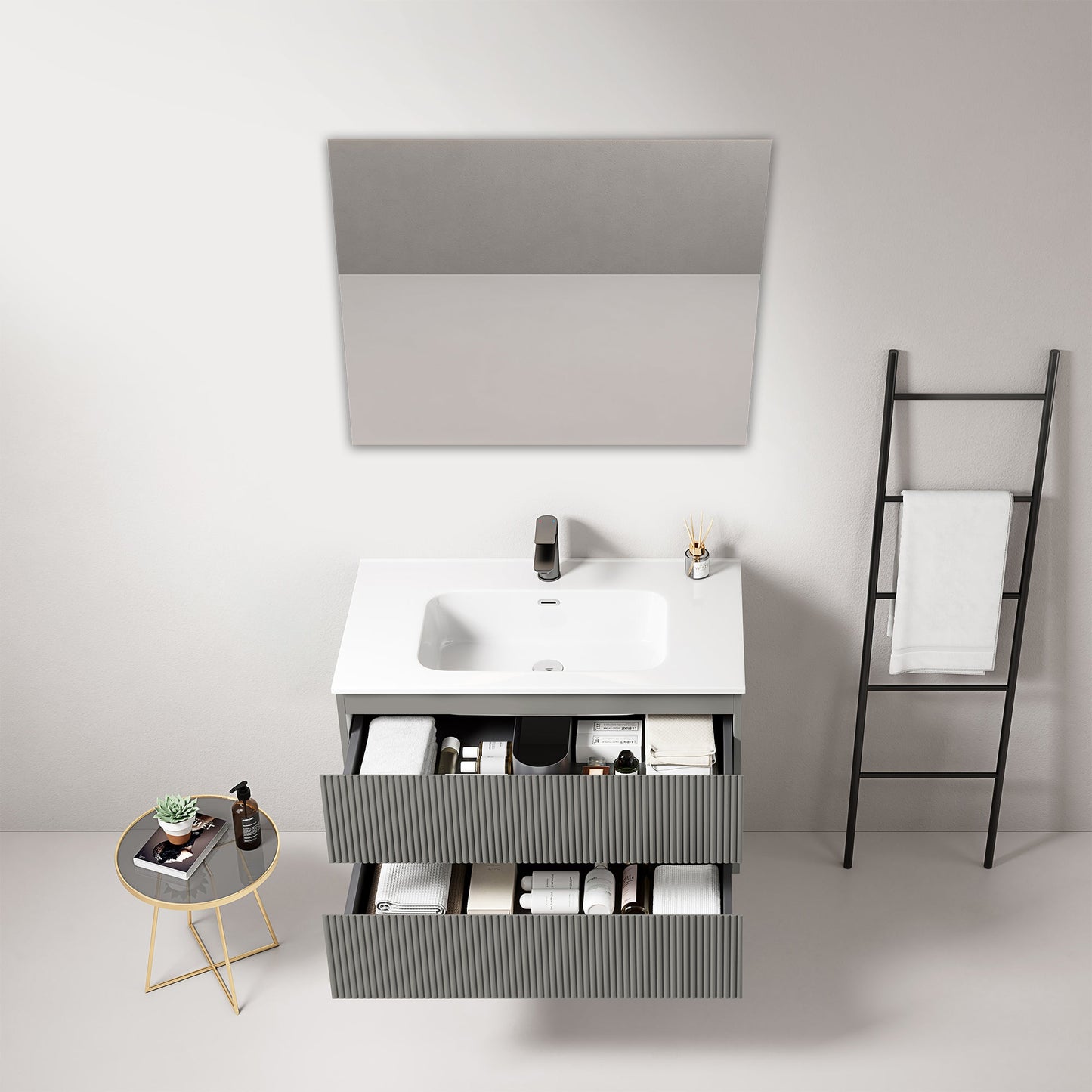 Mobile bagno sospeso cannettato 80 cm Grigio Londra Lavabo in Ceramica Specchio Quadro - Fiji Paint