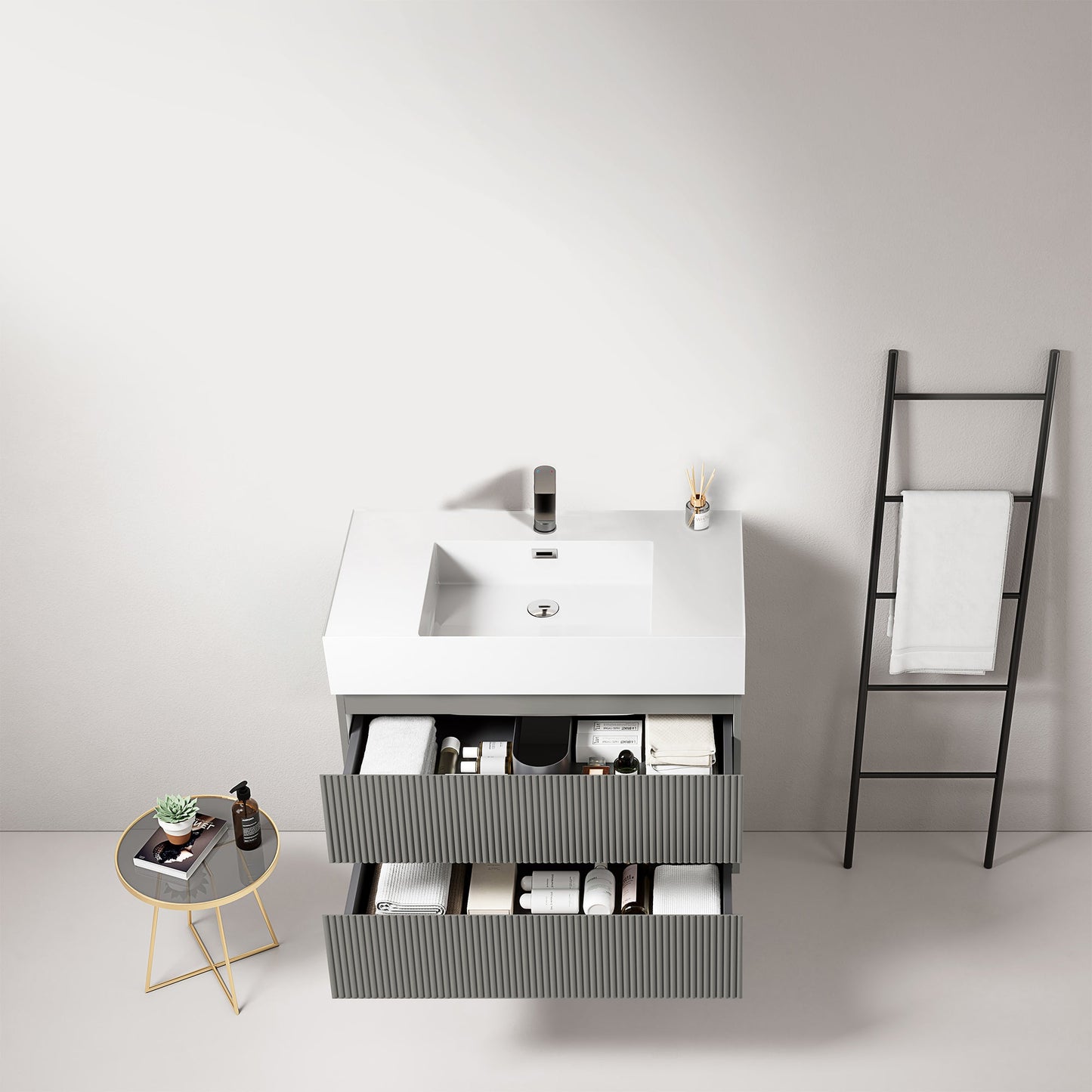 Mobile bagno sospeso cannettato 80 cm Grigio Londra Lavabo in Resina Senza Specchio - Fiji Paint