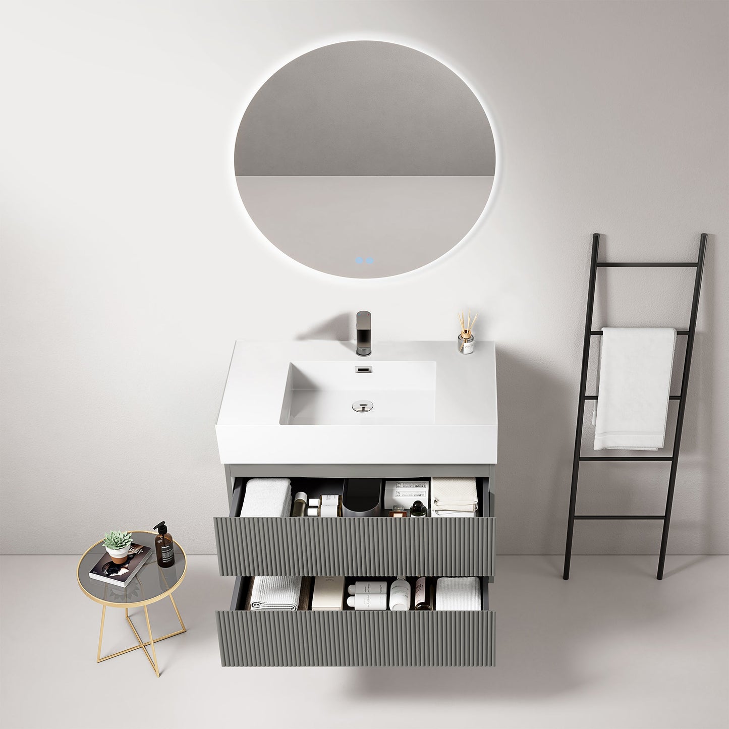 Mobile bagno sospeso cannettato 80 cm Grigio Londra Lavabo in Resina Specchio Tondo Retroilluminato - Fiji Paint