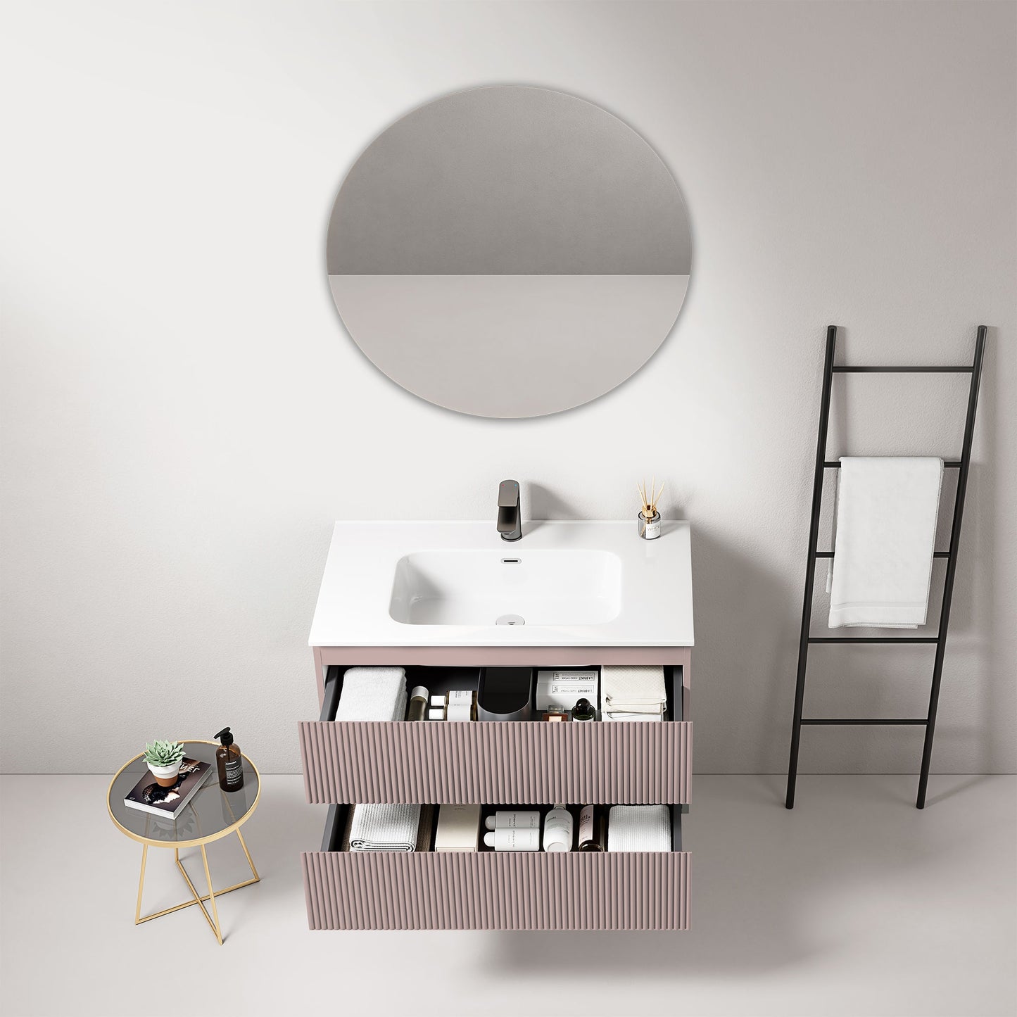 Mobile bagno sospeso cannettato 80 cm Rosa Retro Lavabo in Ceramica Specchio Tondo - Fiji Paint