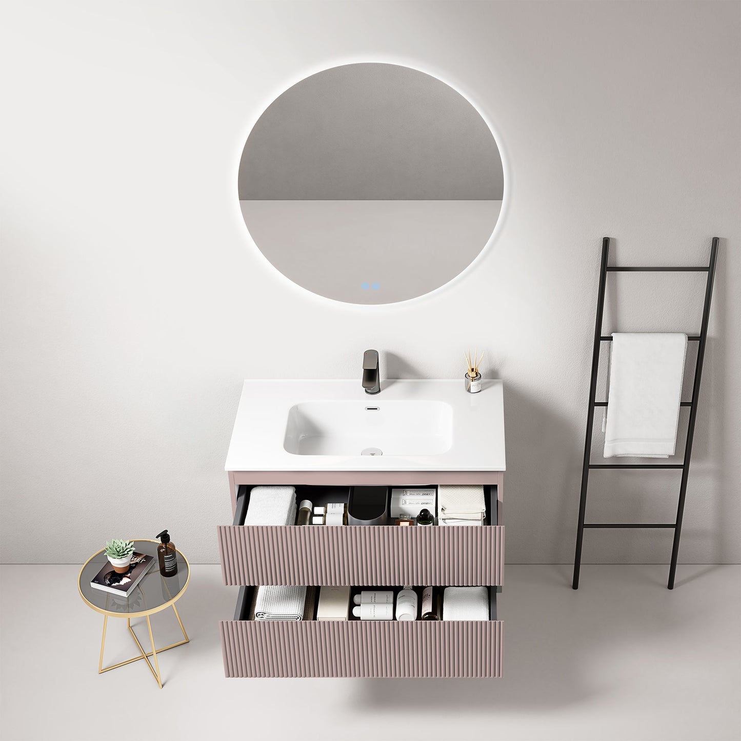 Mobile bagno sospeso cannettato 80 cm Rosa Retro Lavabo in Ceramica Specchio Tondo Retroilluminato - Fiji Paint