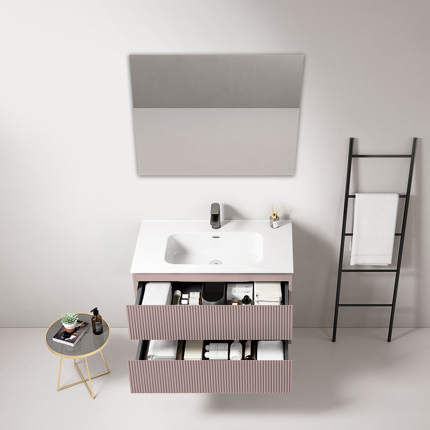 Mobile bagno sospeso cannettato 80 cm Rosa Retro Lavabo in Ceramica Specchio Quadro - Fiji Paint