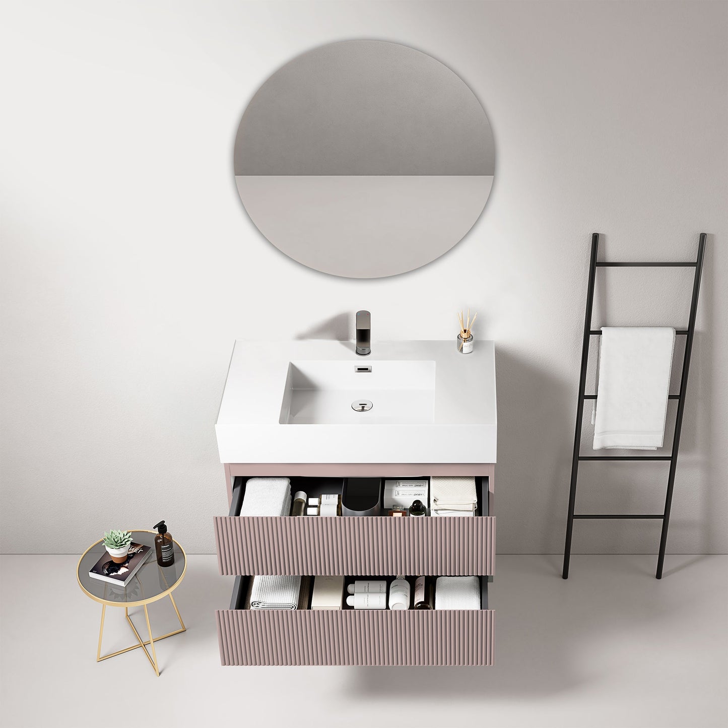 Mobile bagno sospeso cannettato 80 cm Rosa Retro Lavabo in Resina Specchio Tondo - Fiji Paint