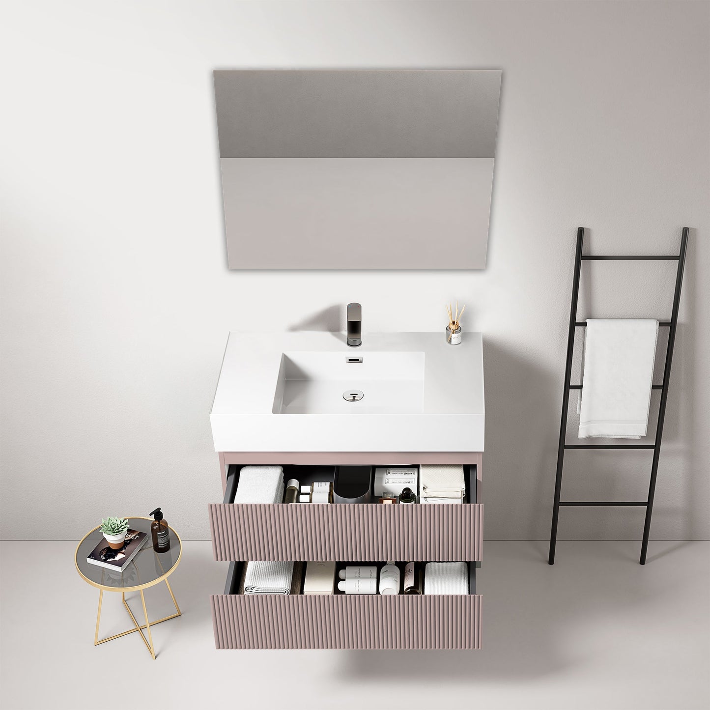 Mobile bagno sospeso cannettato 80 cm Rosa Retro Lavabo in Resina Specchio Quadro - Fiji Paint