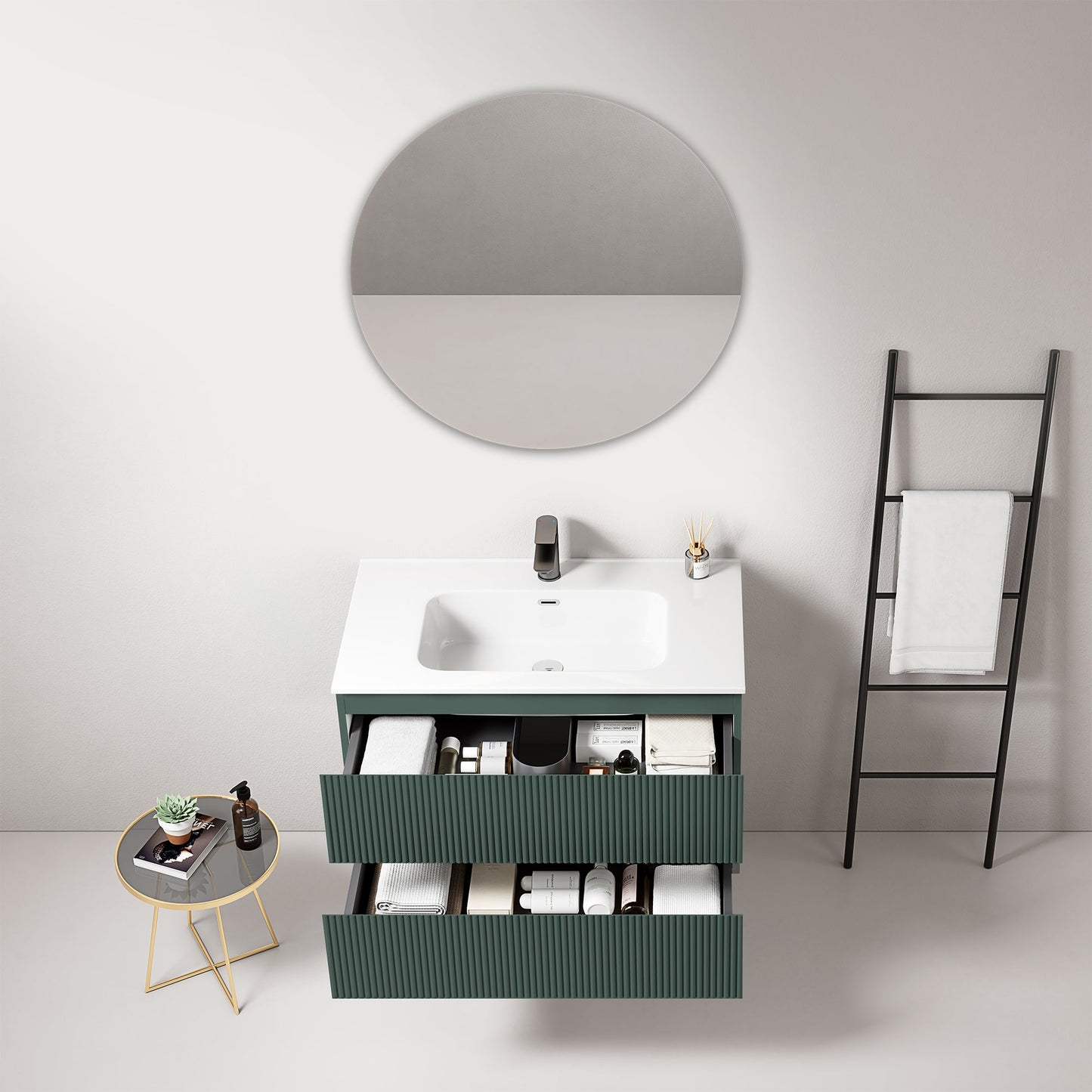 Mobile bagno sospeso cannettato 80 cm Verde Comodoro Lavabo in Ceramica Specchio Tondo - Fiji Paint