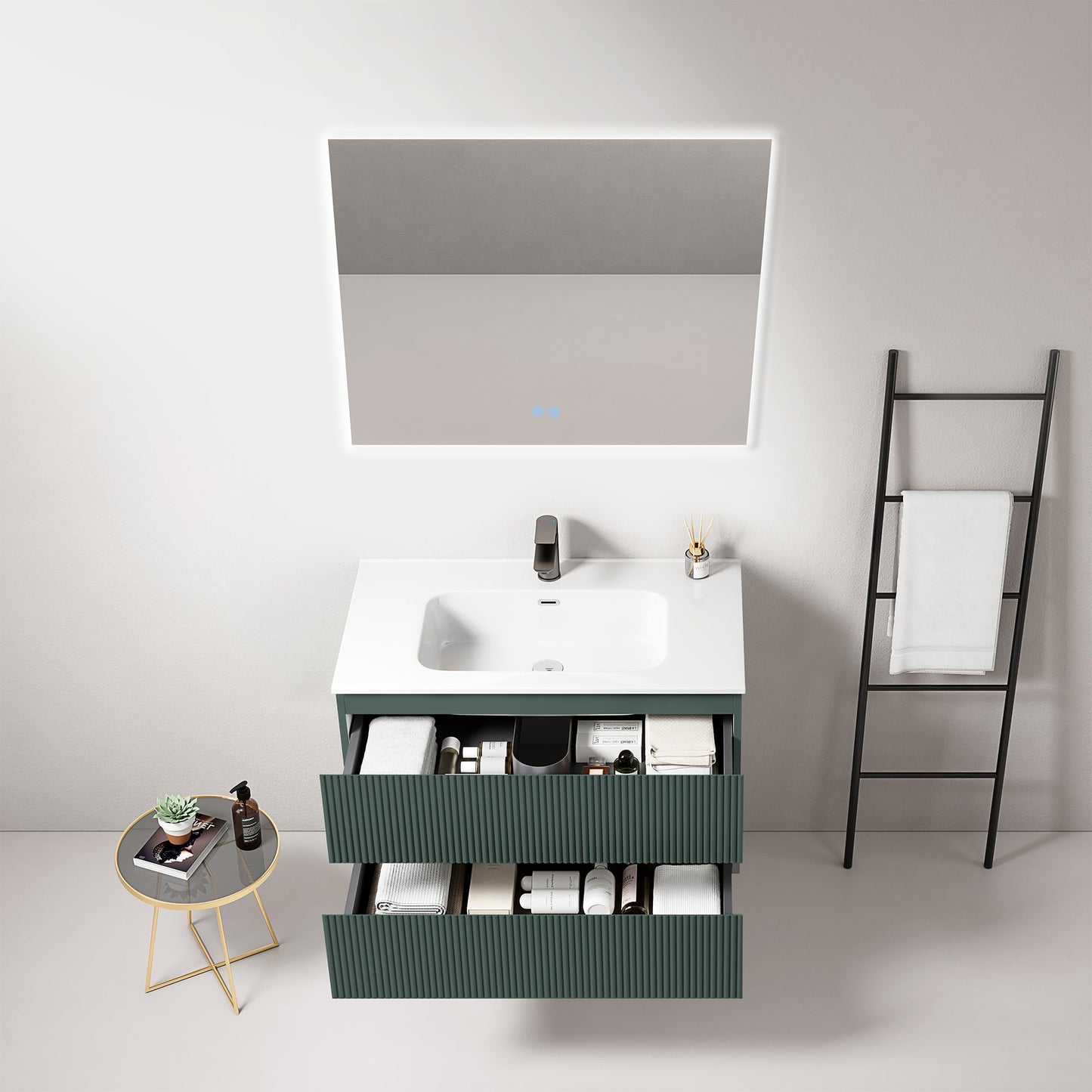 Mobile bagno sospeso cannettato 80 cm Verde Comodoro Lavabo in Ceramica Specchio Quadro Retroilluminato - Fiji Paint