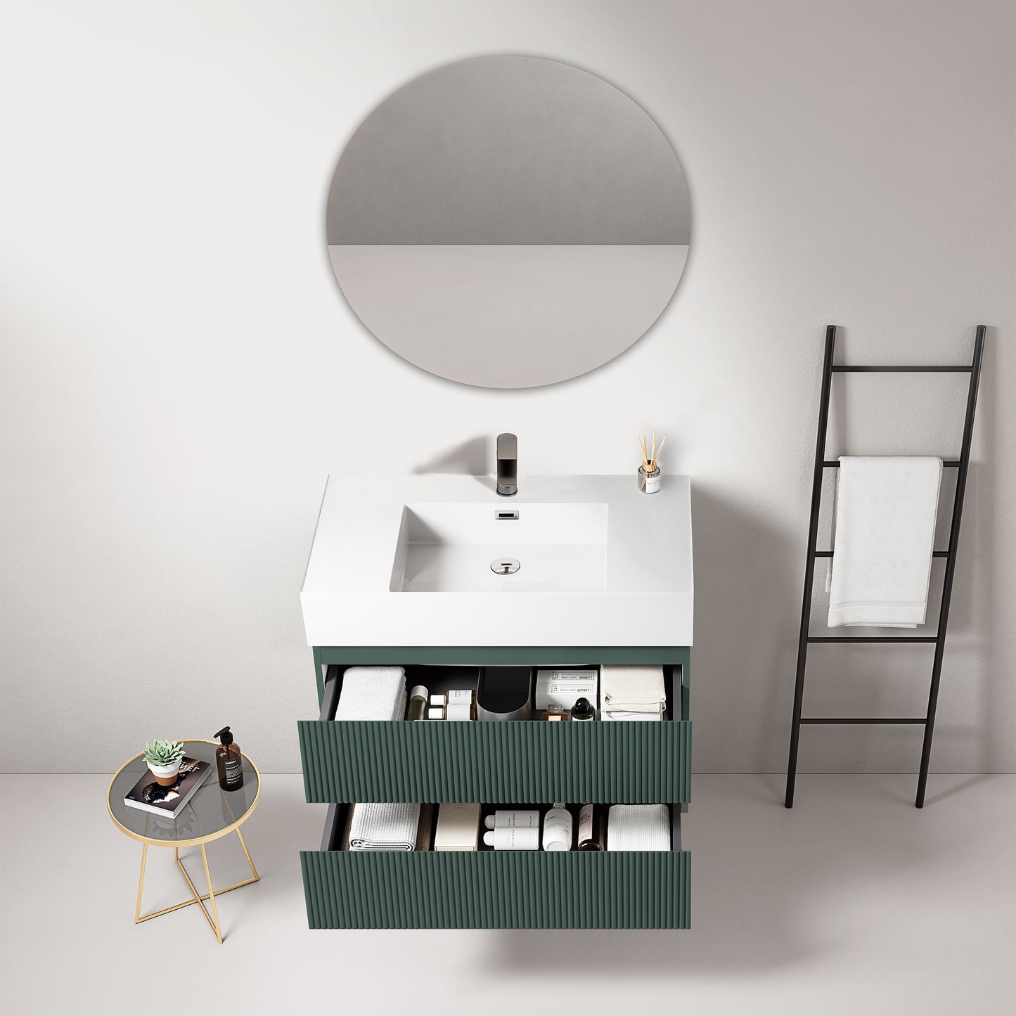 Mobile bagno sospeso cannettato 80 cm Verde Comodoro Lavabo in Resina Specchio Tondo - Fiji Paint