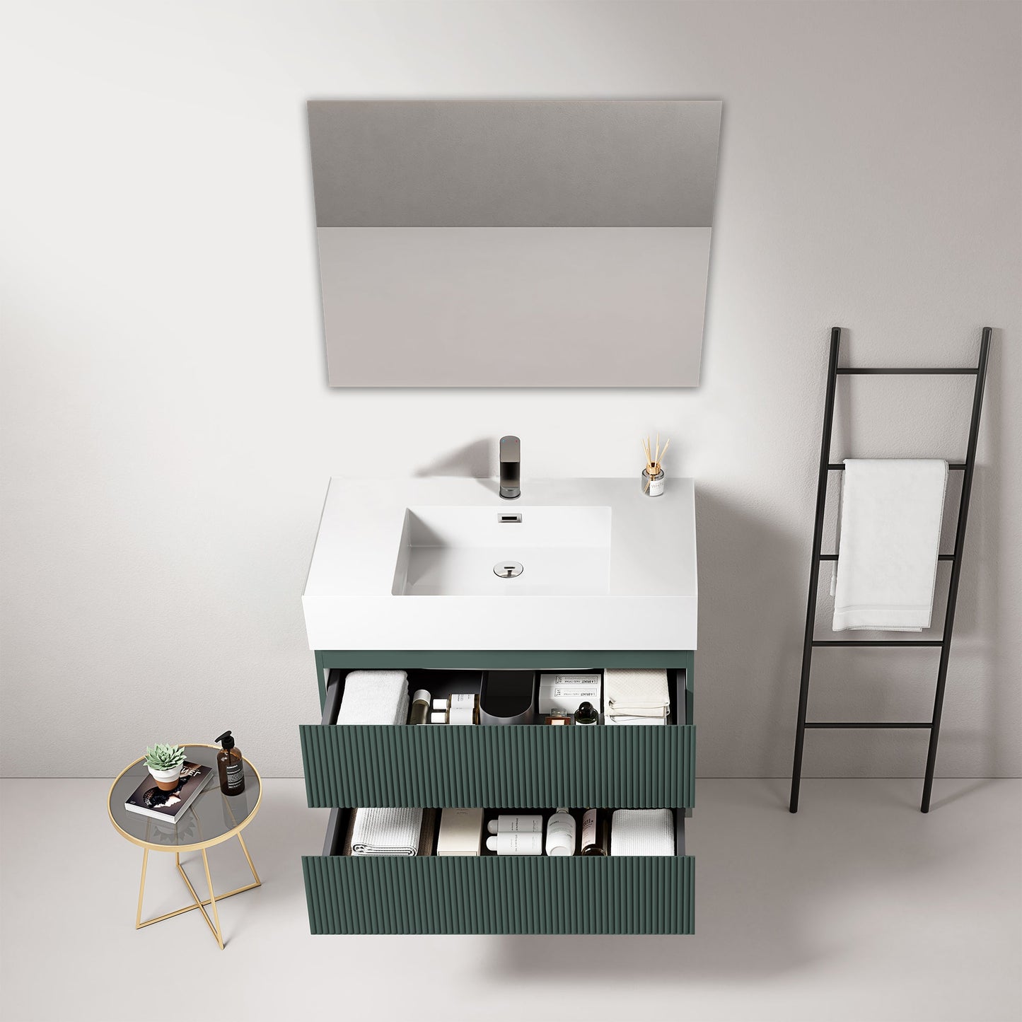 Mobile bagno sospeso cannettato 80 cm Verde Comodoro Lavabo in Resina Specchio Quadro - Fiji Paint